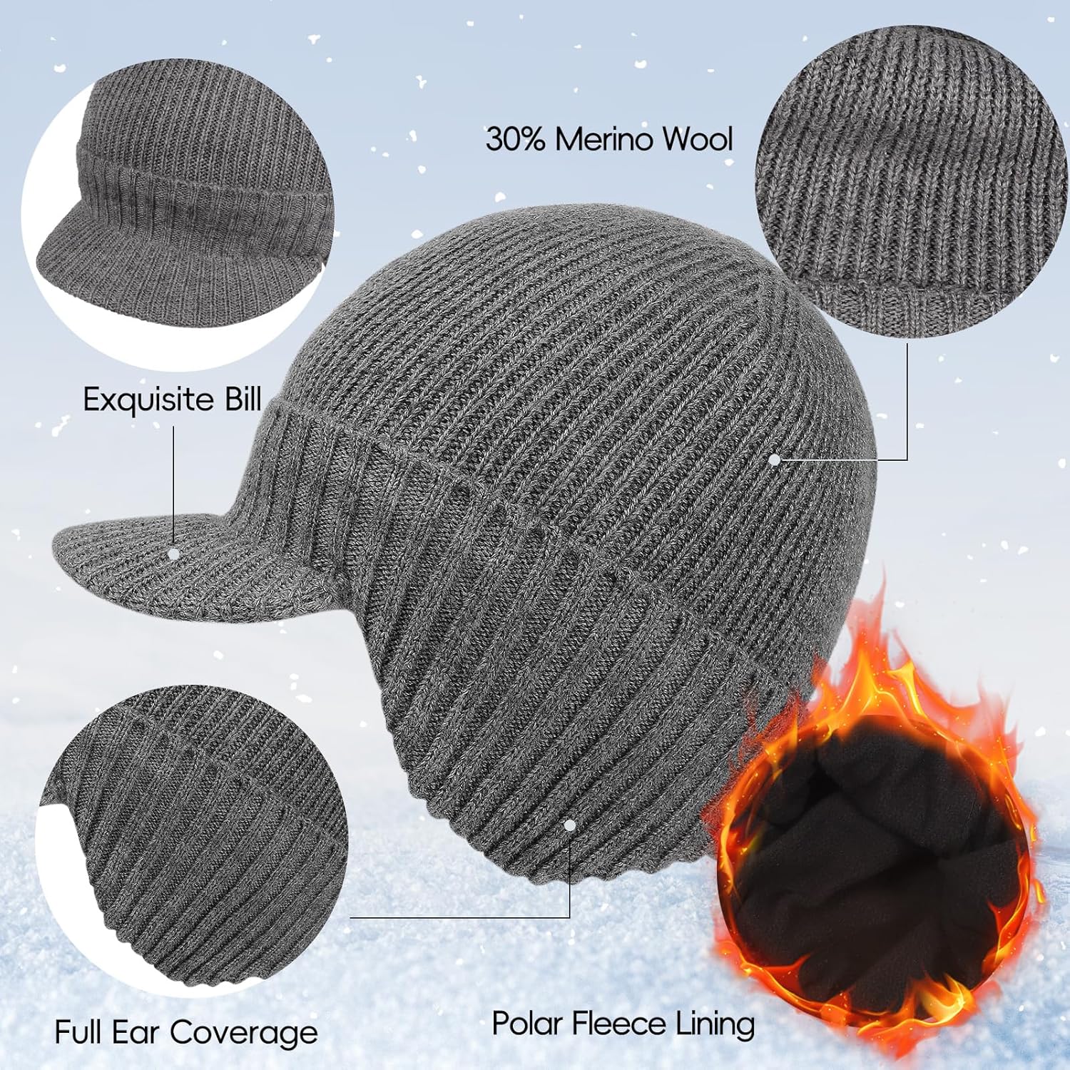 M/L/XL/XXL Waterproof Merino Wool Brim Beanie for Men with Ear Flap, Outdoor Warm Fleece Lined Knit Winter Hat for Big Heads - Image 5
