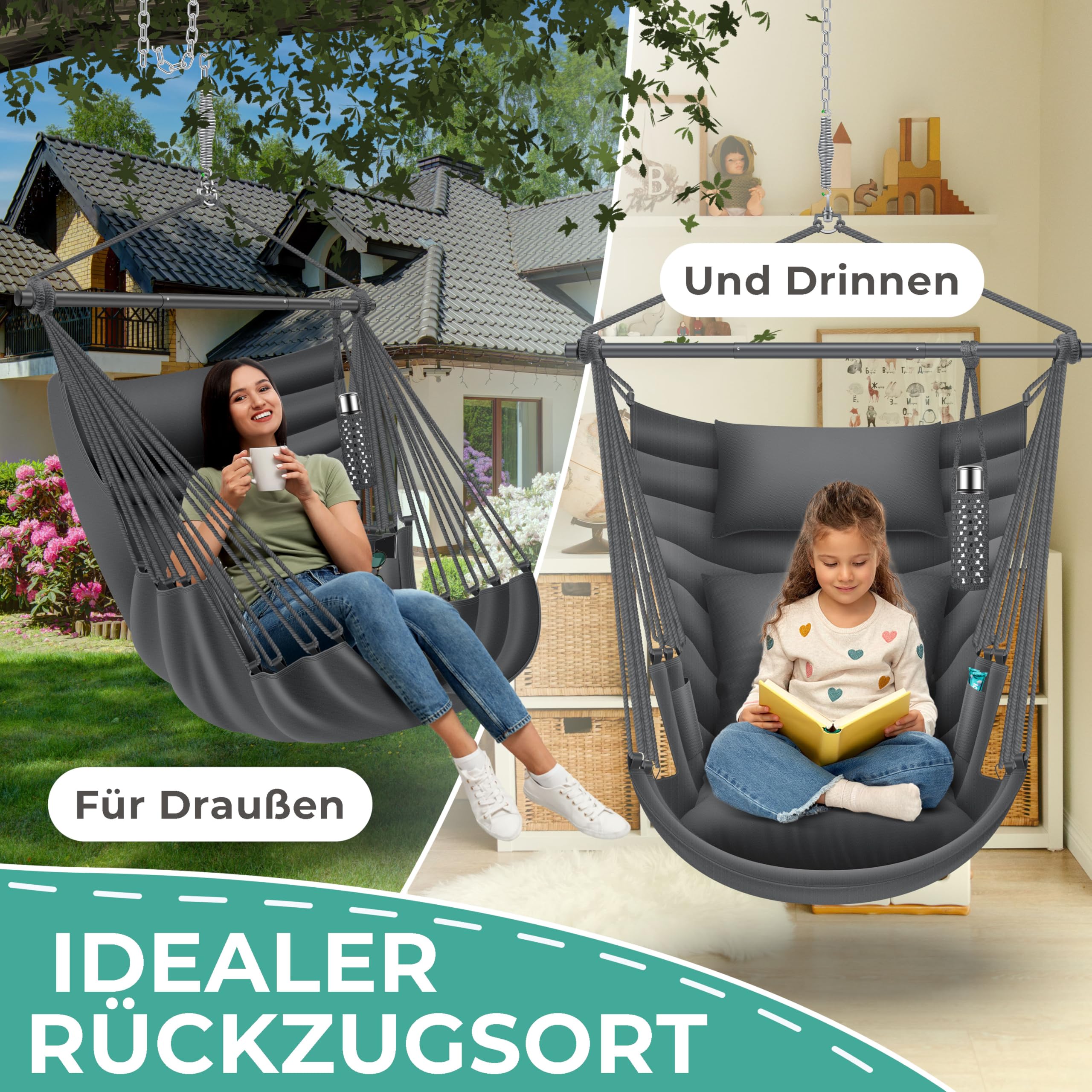 KESSER® Hängesessel Haiti 150kg Traglast, Hängestuhl 360° Drehung, Hängeschaukel Indoor-Outdoor UV-beständig & Wasserfest, Pflegeleicht, Inkl. 2 Kissen, Tragetasche, Flaschenhalter & Montage-Set