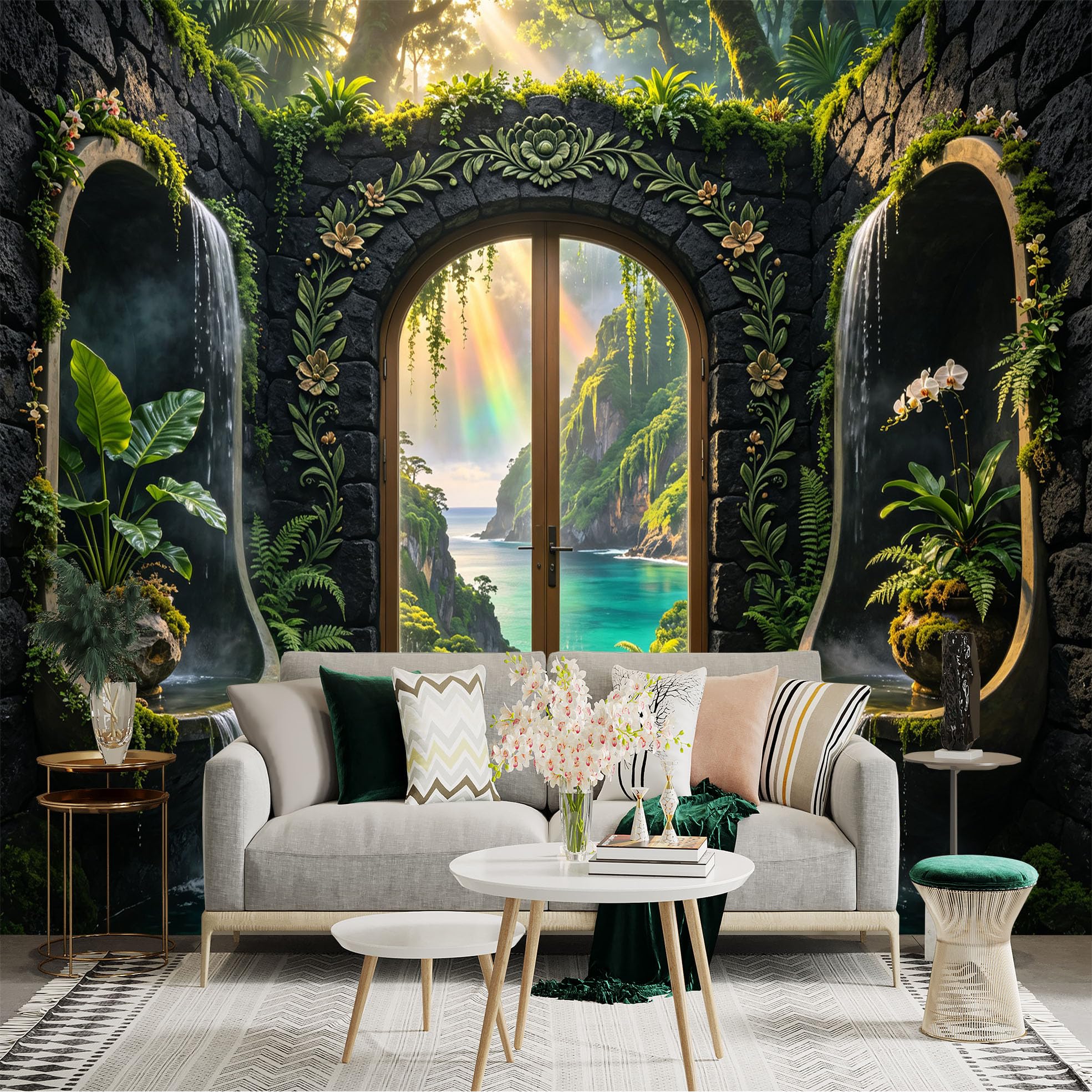 Lnzczhyre Bh260719565 Custom Size Wall Sticker Mural， Tropical Coastal Scenery， Stone Archway With Waterfalls， Sunlit Ocean View， Lush Botanical Garden， For Wall Decoration， Peelandstick Wall Decals.