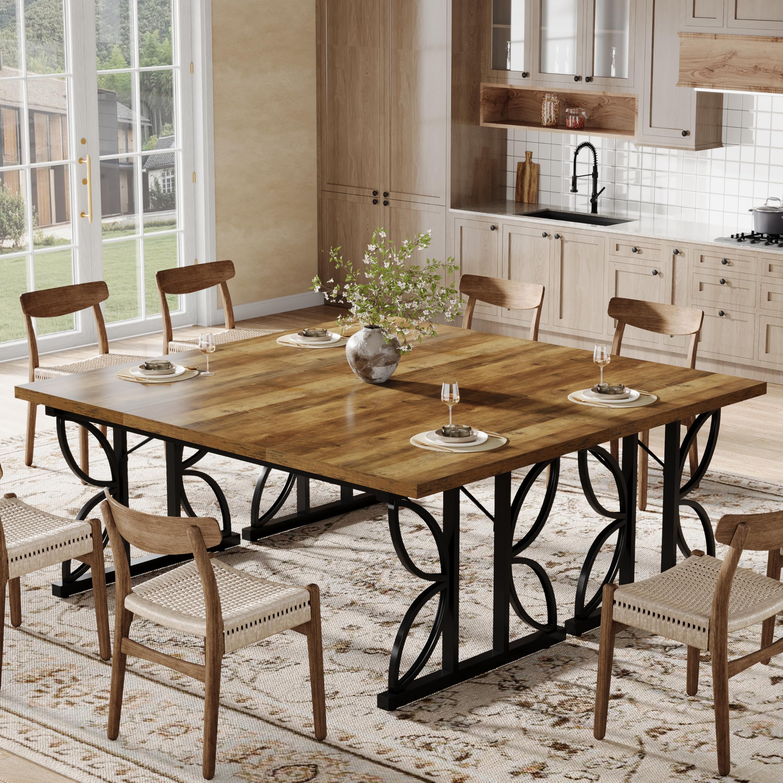 Tribesigns Mesa de comedor rectangular, mesa de cocina industrial para 6-8 personas, mesas de comedor de 180 x 80 cm con base de metal, mesa de comedor para cocina, sala de estar, marrón