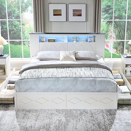 ACCOHOHO Modern King Size Bed Frame with 47" Tall Storage Headboard, 4 Drawers, Charging Station, Led Light, Wood Platform Bed with Solid Wood Slats, Noise Free, No Box Spring Needed, White