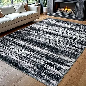 KOZYFLY Rugs for Living Room 8x10 Modern Ombre Living Room Thin Area Rug, Washable Large Area Rugs Non-Slip Soft Striped Rug for Bedroom, Black Navy Blue Grey Abstract Carpet for Laundry/Kid Room