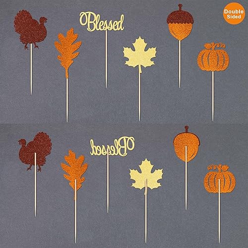 Miniatura 4 de 24 piezas de decoración para cupcakes de Acción de Gracias con purpurina de doble cara de hoja de arce bendecida pavo, calabaza, cupcakes para