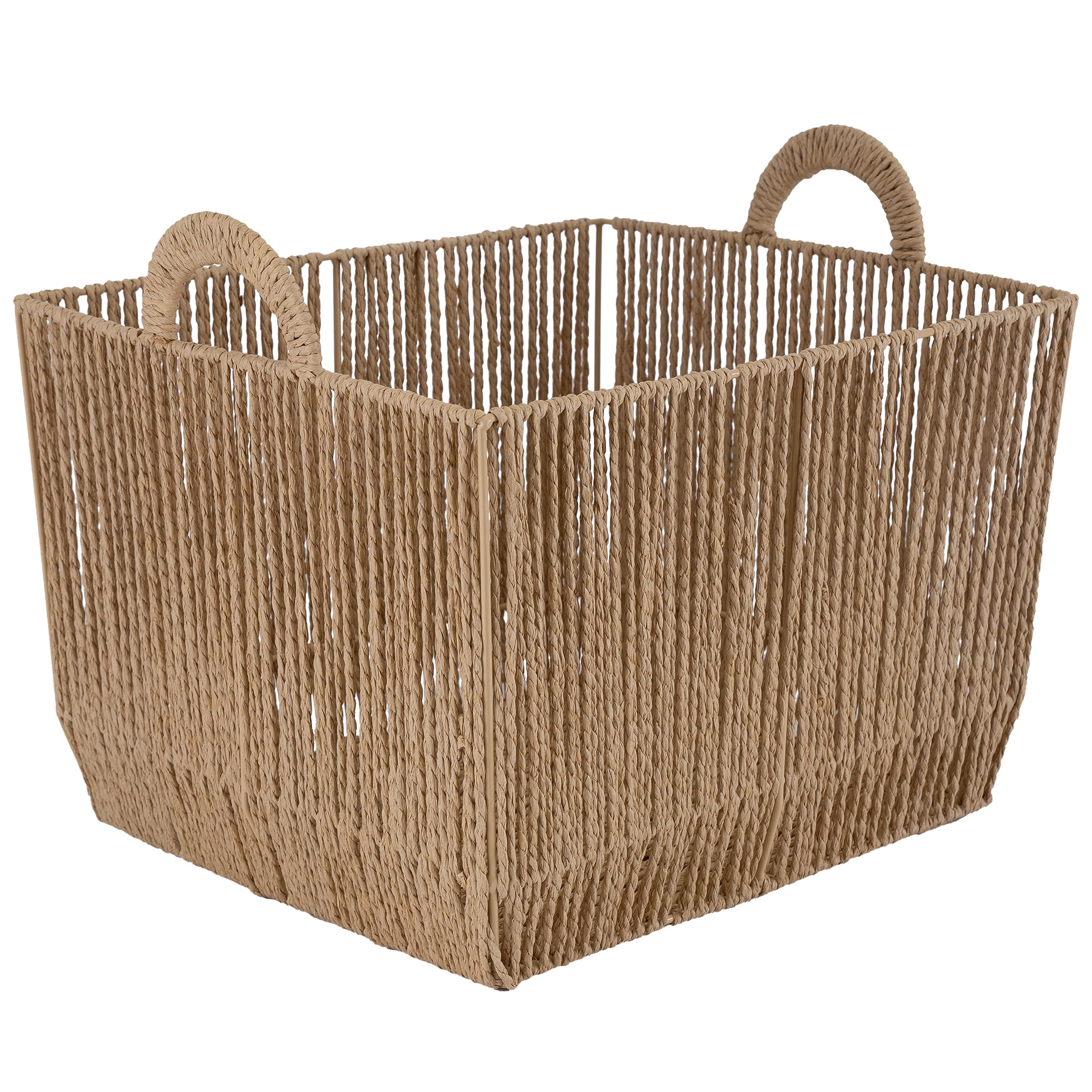 Simplify Small Storage Basket | Dimensions: 12"x 10"x 8" | 2 Carrying Handles | Vertical Weave Design | Paper Rope Material | Great for Living Spaces