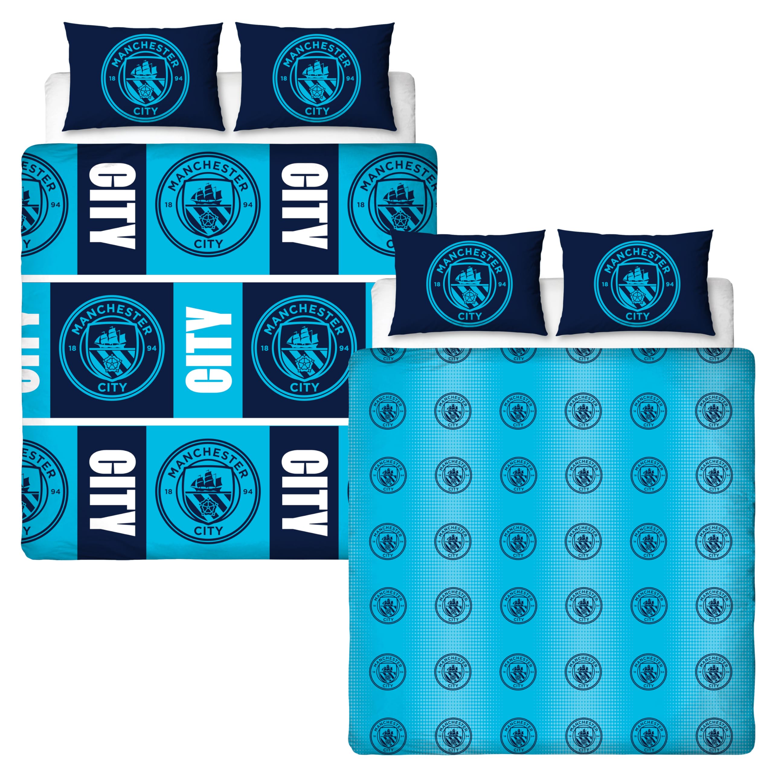 Manchester City FC Official Double Duvet Cover Set | Flashy Design | Blue Reversible 2 Sided Football Bedding Cover Official Merchandise Including Matching Pillow Cases | Polycotton
