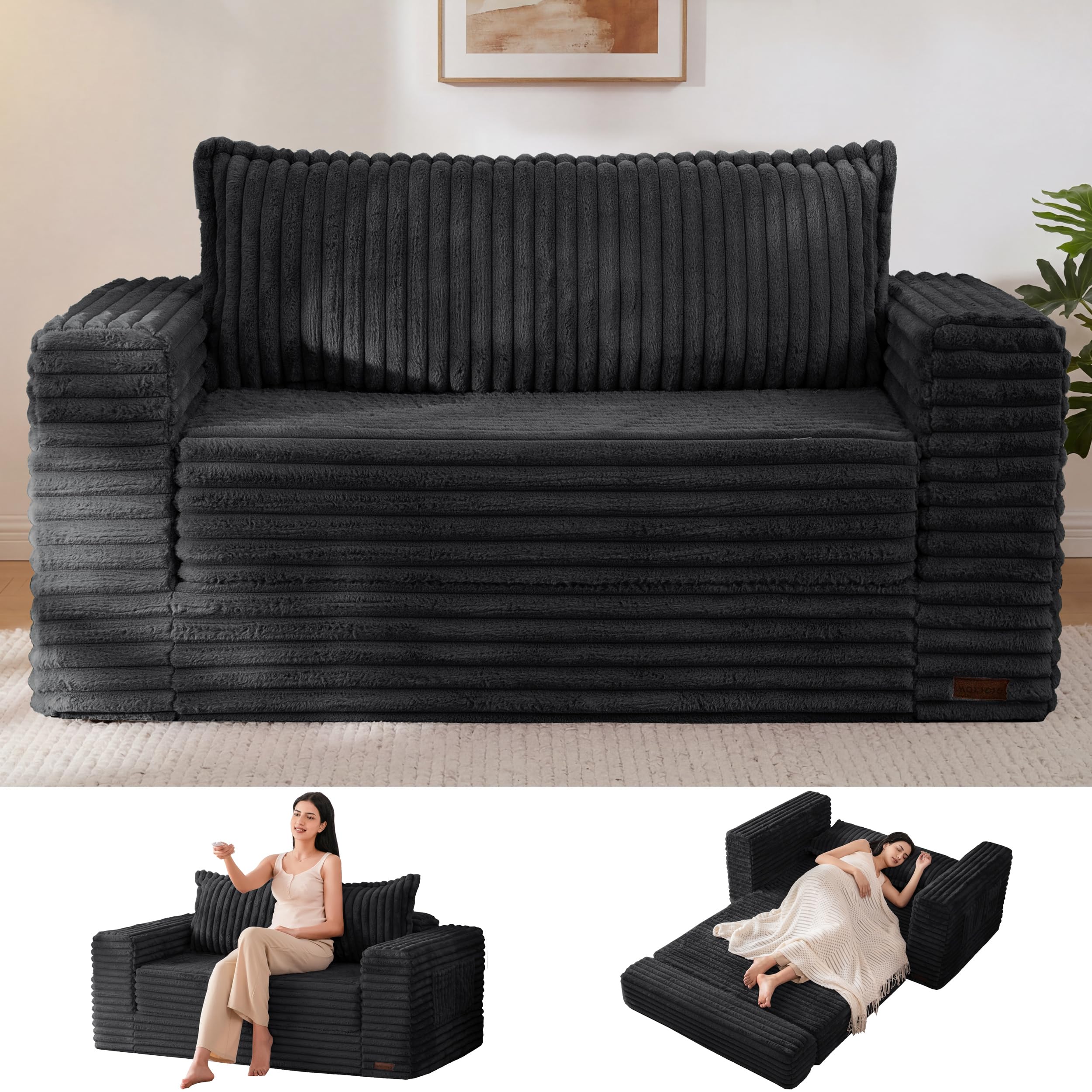 MAXYOYO Convertible Sofa Bed, Pull-Out Loveseat Couch Bed for Small Space | 2 in 1 Folding Couch Bed with Large Back Pillow, Plush Faux Fabric Lounge Couch for Living Room, Apartment, Black