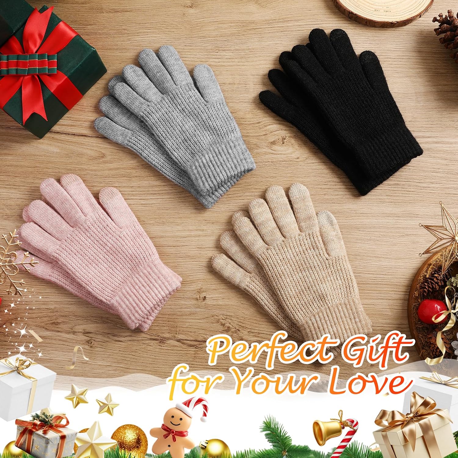 Winter Gloves - Womens Gloves for Cold Weather, 4 Pairs Elastic Cuff Knit Touchscreen Womens Glove