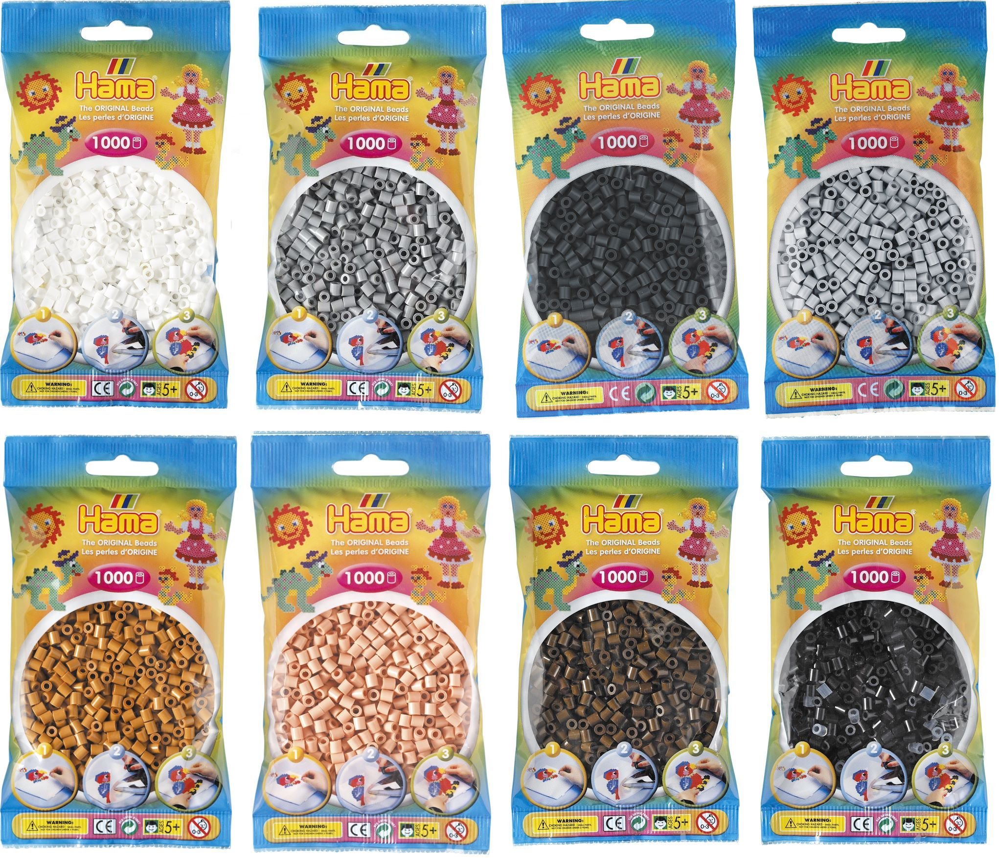 Happy Price Toys Hama Midi Bügelperlen (Kon-19) Konvulut 8 Farben (Weiß,Braun,Schwarz,Hellbraun,Grau,Hellgrau,Beige,Dunkelgrau) + Bügelanleitung mit 3 Design Vorlagen