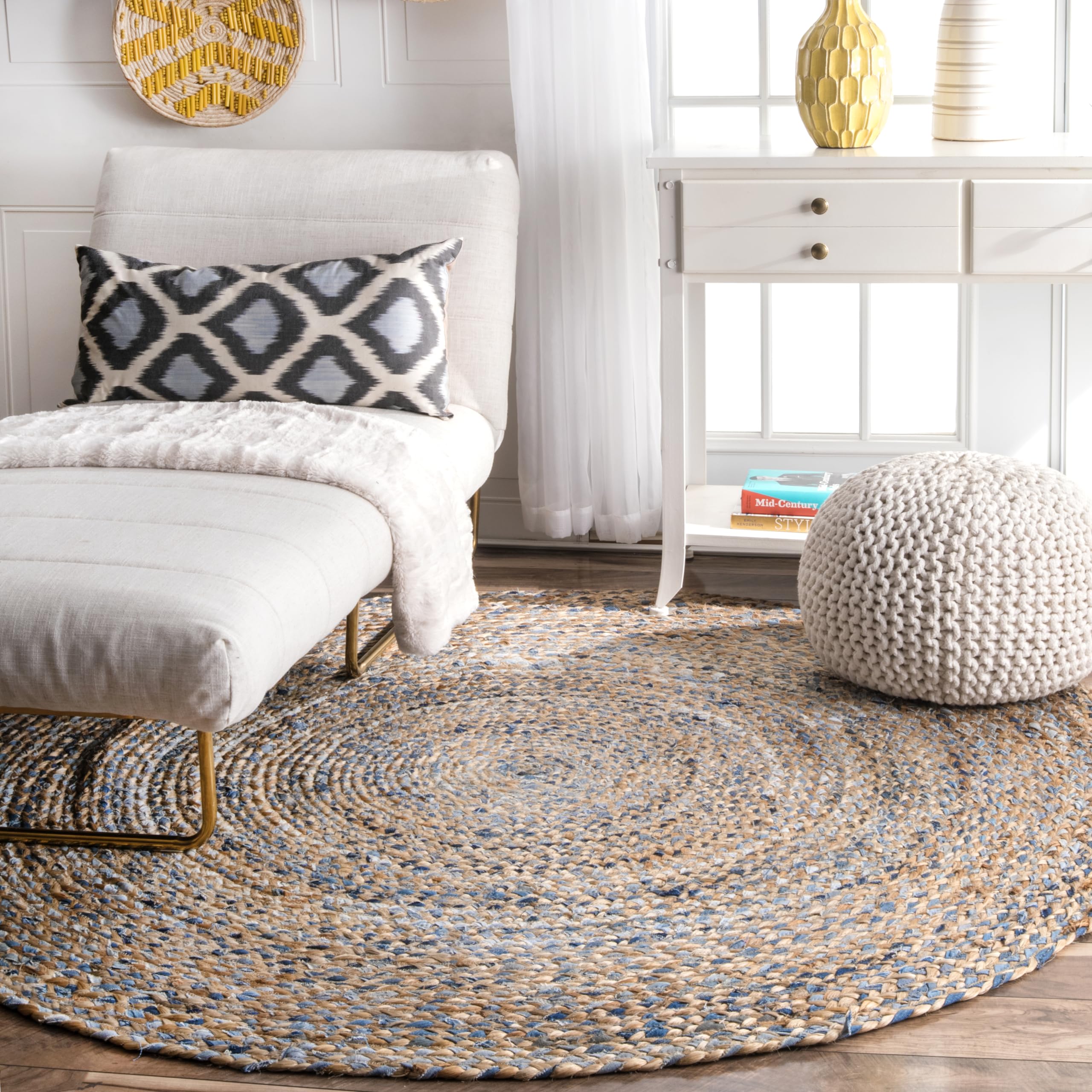 Tapis en jute nuLOOM Eliz bleu, modèle rond de 4 pieds tressé à la main