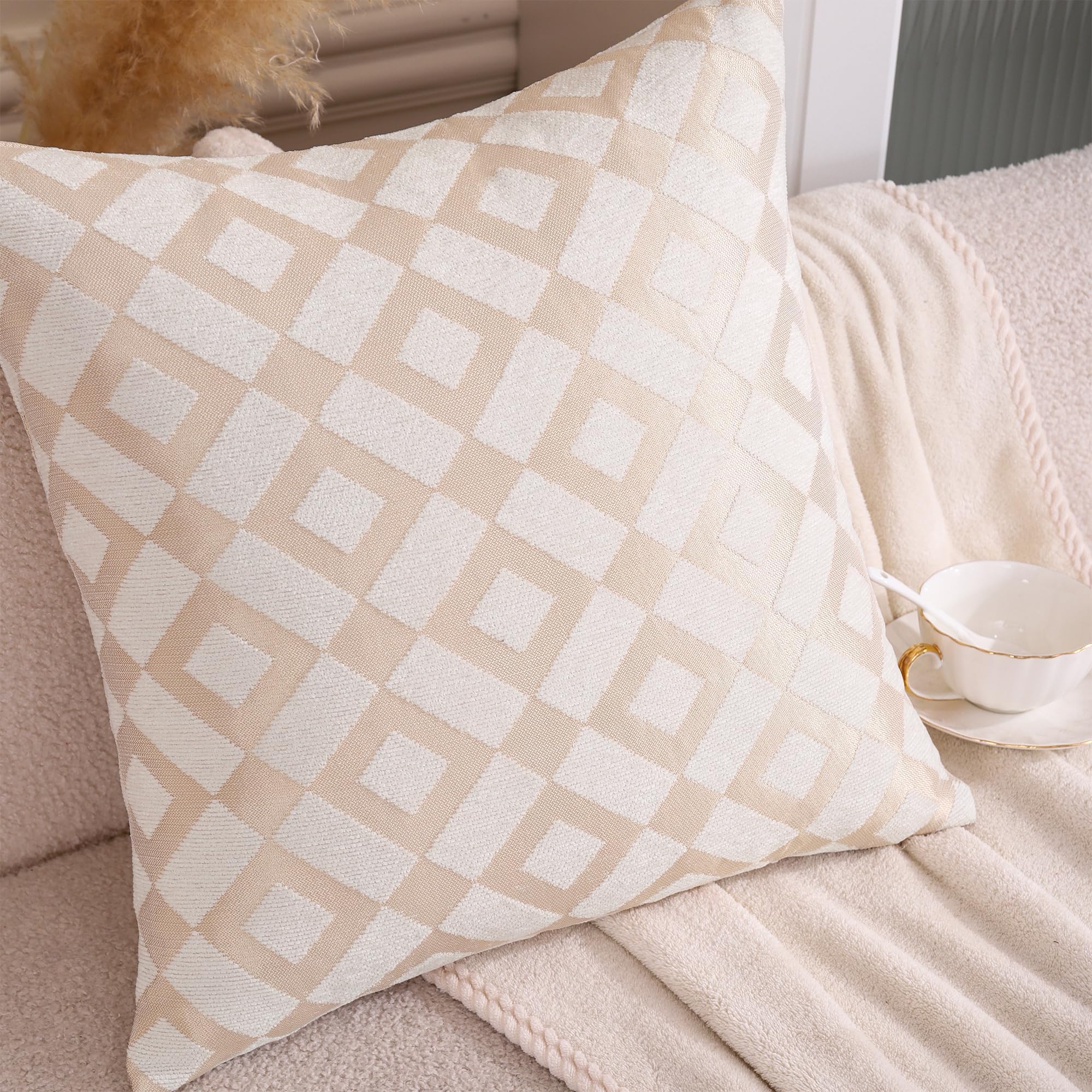 Tosleo Boho 45x45 CM Throw Pillow Covers Pack of 2 Beige Check Chenille Pillowcases Cushion Cover Handmade Decorative Throw Pillow Case for Couch Home Decoration - Image 3