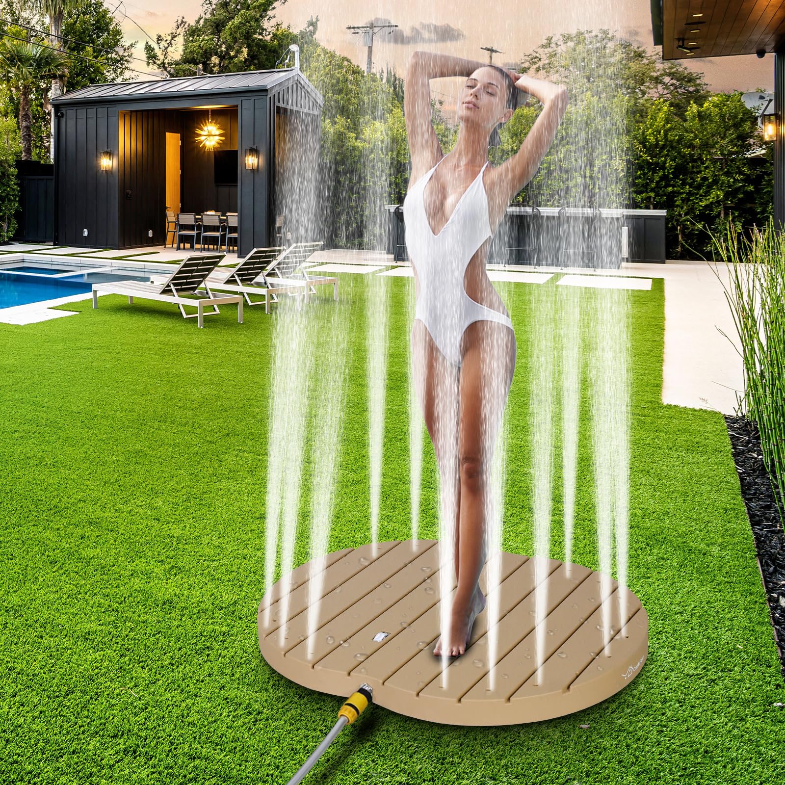 CCLIFE Ducha De Suelo Exterior Jardin con Ruedas,Altura De la Fuente 4m,PP,Antideslizante, para Acampar En El Jardín,Madera
