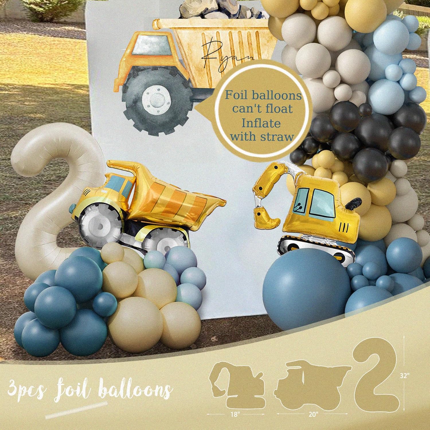Construction Birthday Party Supplies for 2 Year Old Boy, 2nd Birthday Decorations For Boys, Dump Truck 2nd Bday Backdrop, Cake Toppers, Balloon Garland, Tablecloth, Banner - Image 6