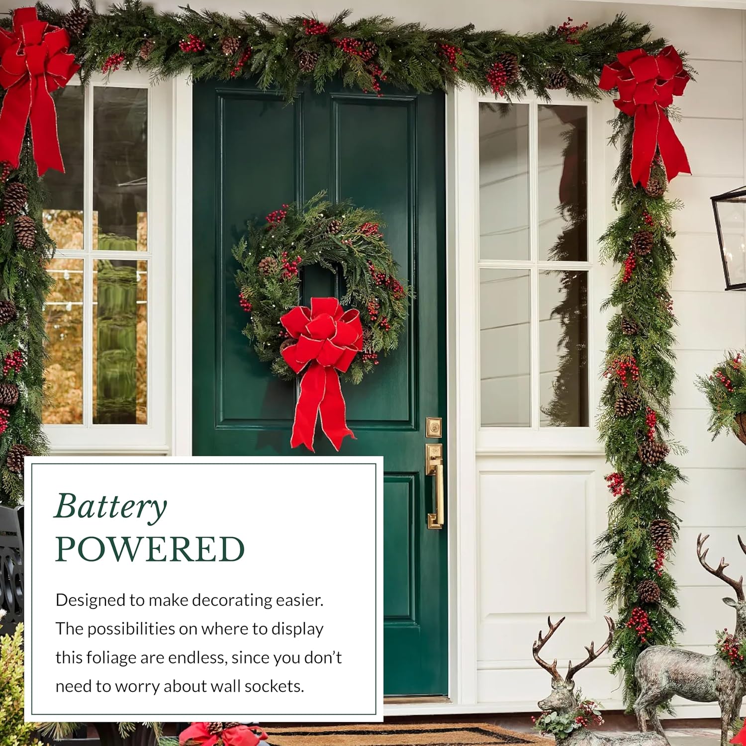 Balsam Hill Outdoor Red Berry Pine Christmas Garland - Fresh Traditional Greenery Garland with Natural Elements & Battery-Operated LED Clear Lights for Indoor and Outdoor Holiday Decorating, 6'