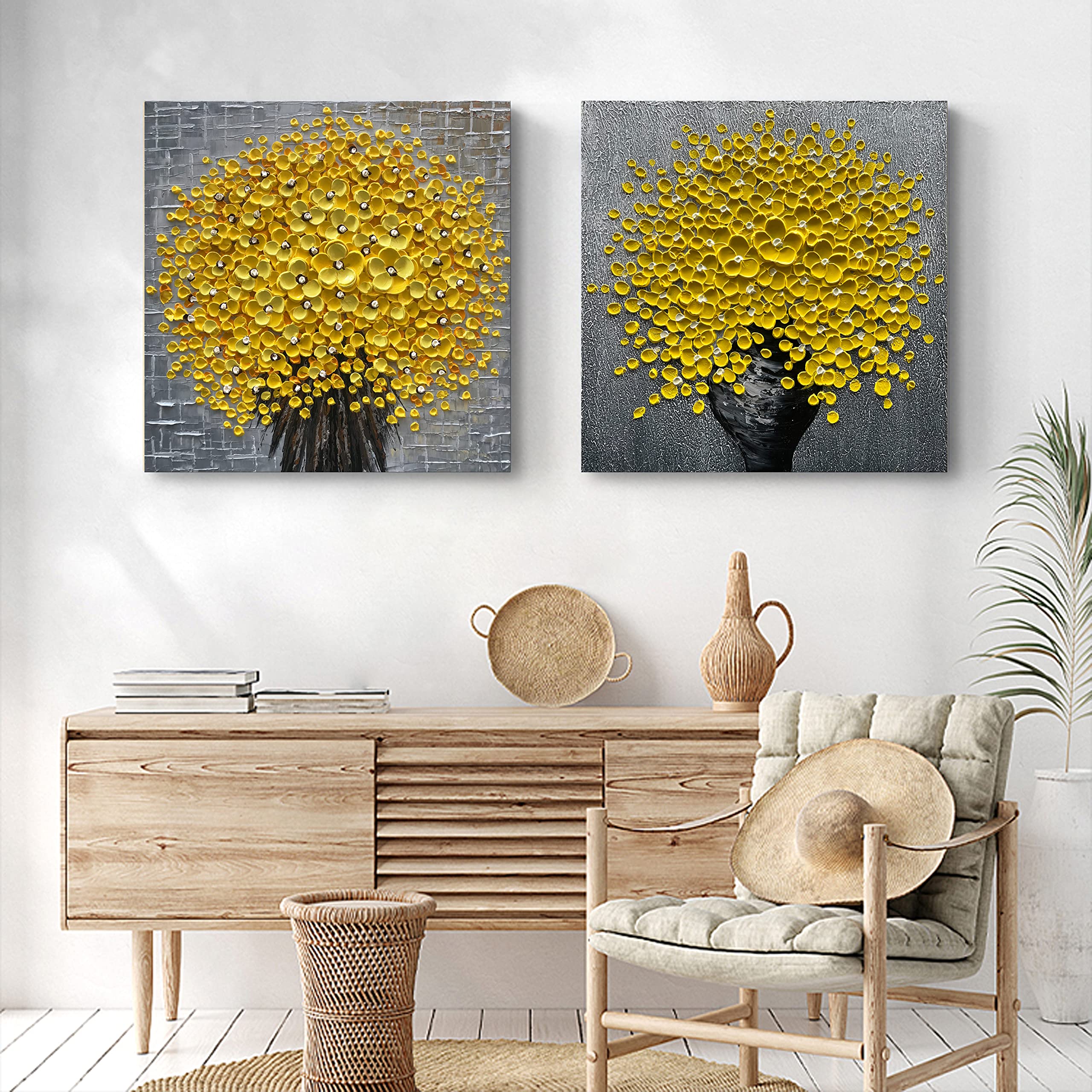 YELLOW！キャンバスアート Amazon.com: Epicler 24x24 Inch Hand-Painted 3D Yellow Flower Art