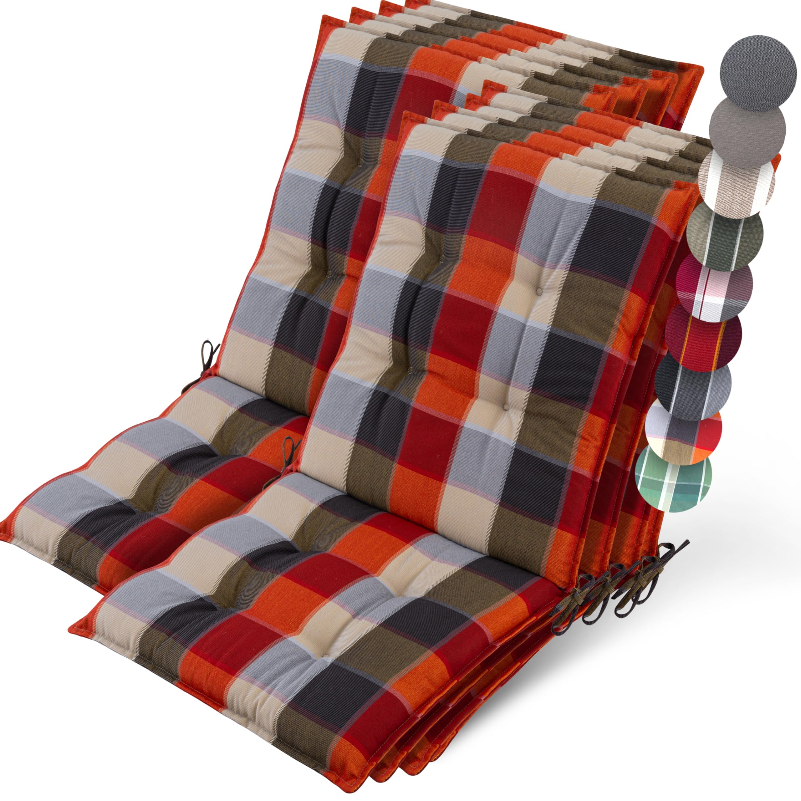 Beautissu Set of 8 Premium Outdoor Chair Cushion Low Back 100x50 cm - UV 8 cm Thick Padding Seat Cushions for Garden Chairs Non-Slip Fastening Straps - Orange Beige - Sun-HL