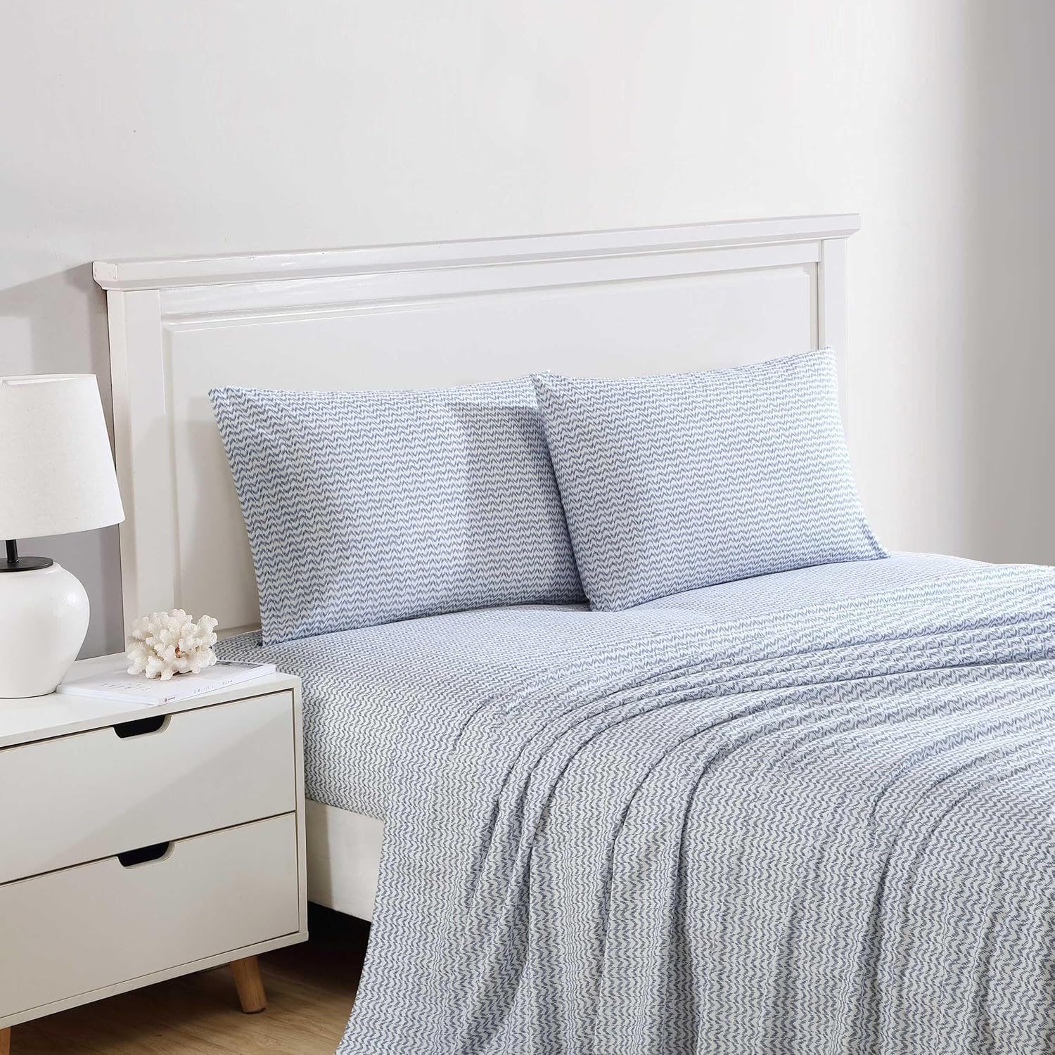 Twin XL Blue Ikat Wave Cotton Percale Bedding Set