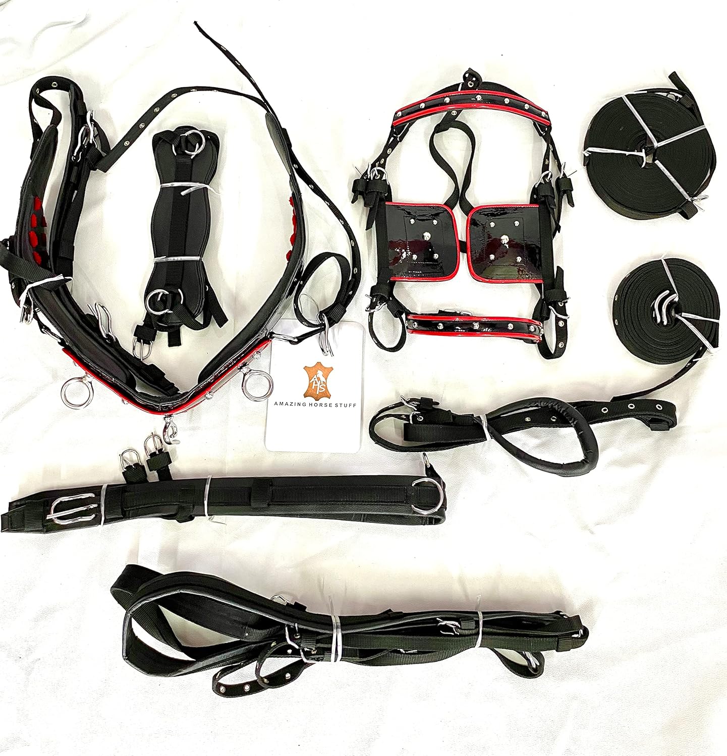Black Patent Nylon Horse Driving Harness for Single Horse cart with Red Patent Piping/Trim on Saddle & Bridle | Chrome Studds on Bridle |