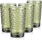 Joeyan 300ml Green Vintage Glass Wine Goblet, Romantic Geometric Embossed Drinking Glasses, Heavy Stemmed Wine Glasses for Christmas Party Wedding Table Decor, Set of 4, Dishwasher Safe