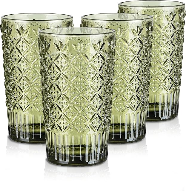 Joeyan Vintage Drinking Glasses, 400ml/14oz Embossed Highball Glass Water Tumbler with Square Candy Plaid, Colored Tall Glassware Beverages Cup Set for Water, Juice, Beer, Cocktail, Set of 4, Green