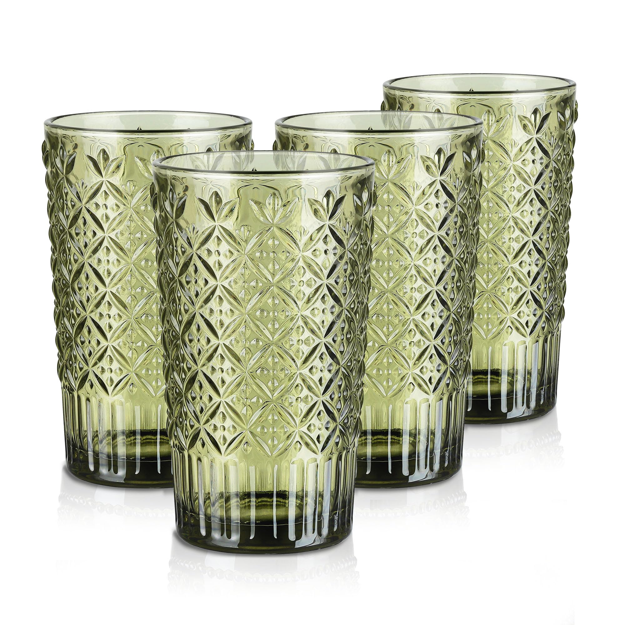 Joeyan Lot de 4 Verres à Boire Vert,400ml Verres à Jus et Soda,Moderne Verres à Eau avec Carreaux de Sucre en Relief,Verre de Table Pour Eau Gazeuse Orangeade,Apéritif et Bière,Lavable Lave-Vaisselle