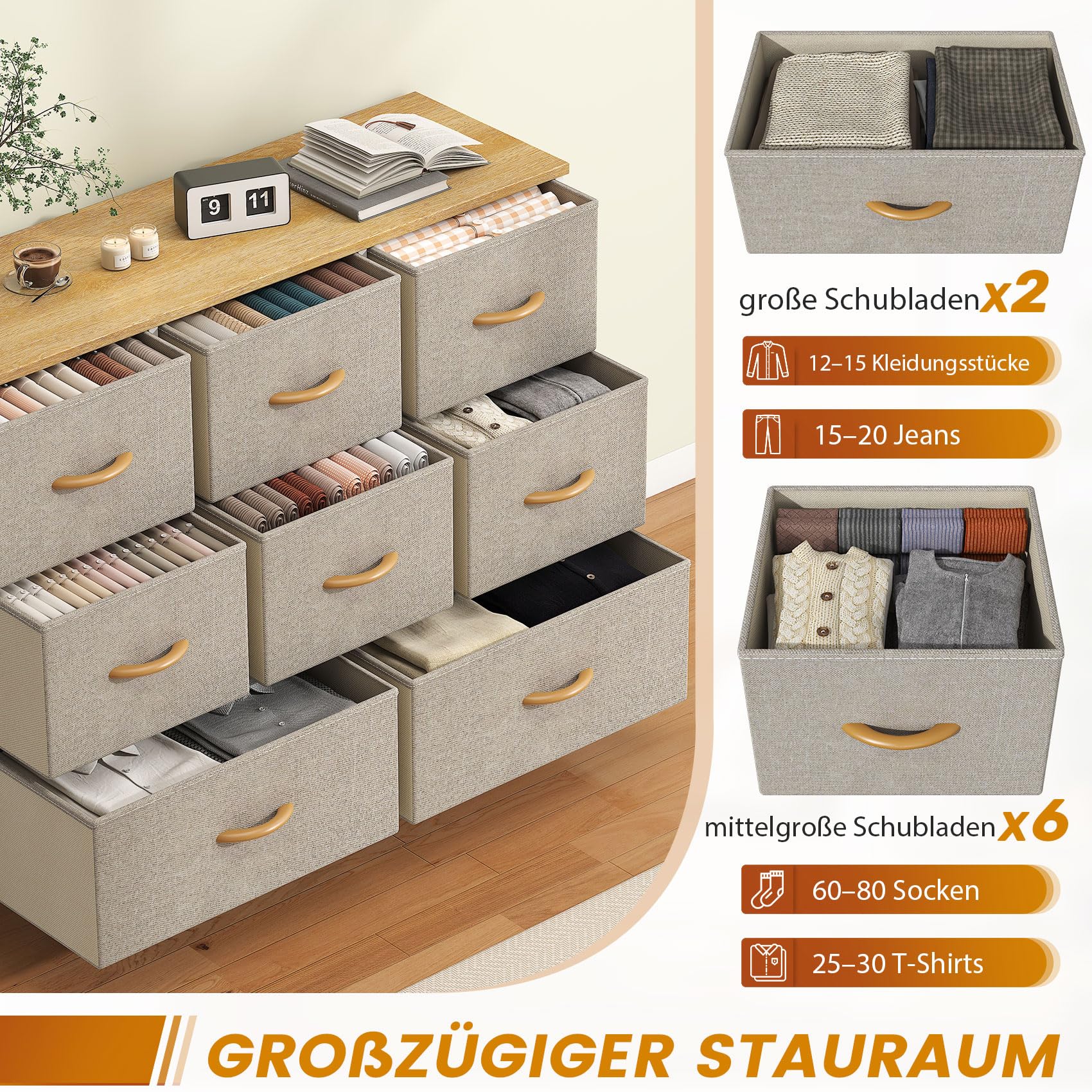 Feonase Cassettiera in tessuto con 8 cassetti, cassettiera e comode, struttura in metallo e pannello in MDF, piedini regolabili, per camera da letto, soggiorno, corridoio, kaki