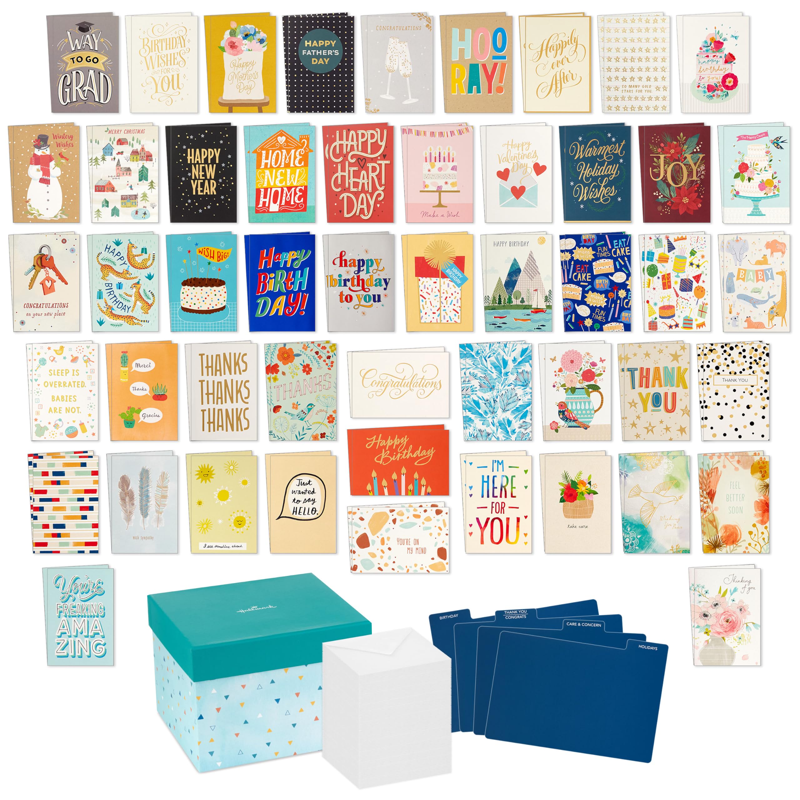 Hallmark Lot de 100 cartes de vœux vierges assorties avec organiseur de cartes, pour toutes occasions : anniversaire, remerciement, félicitations, mariage, bébé, pensée, condoléances