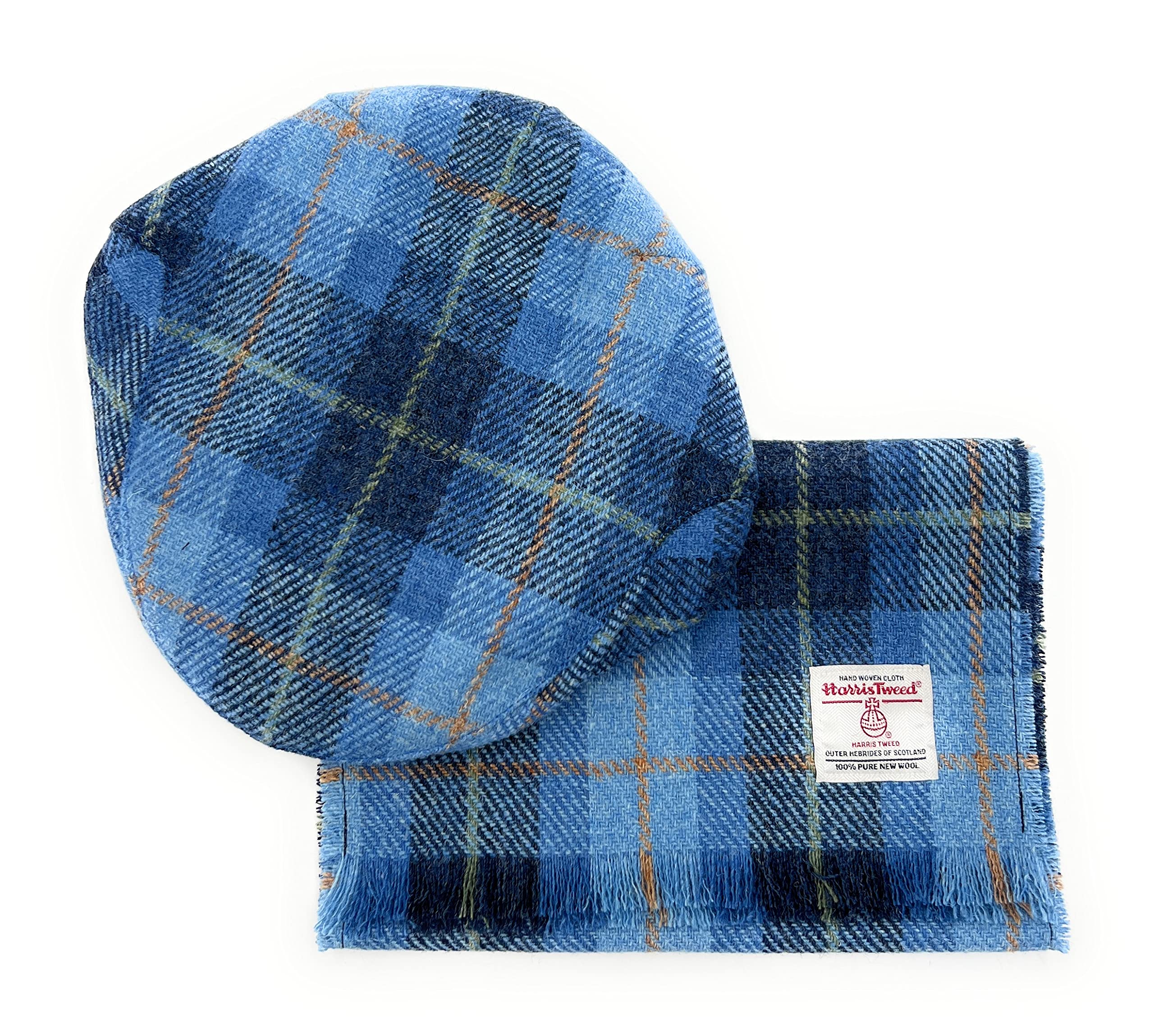 Tartan Tweeds Unisex Blue Check Harris Tweed Hat & Fringed Scarf Set Hand Made In Scotland (Blue Check)