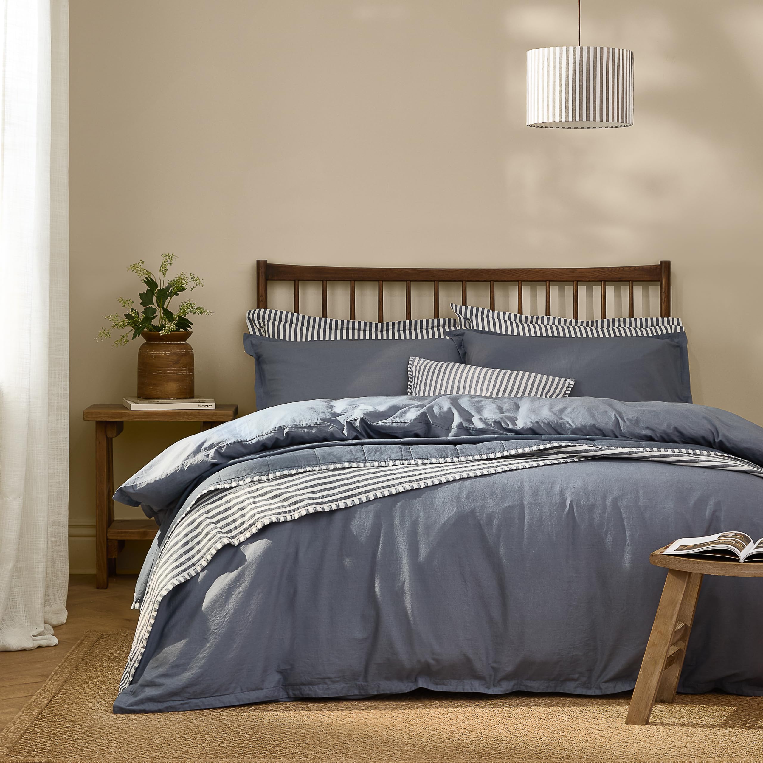 Yard furn Hebden Washed Cotton Duvet Cover Set – Soft Relaxed Percale Minimalist Bedding Set (Denim Blue – Double)