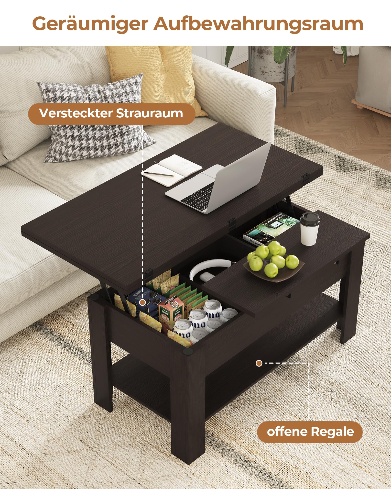 KIMENICH Couchtisch Höhenverstellbar, 3-in-1-Multifunktions-Wohnzimmertisch, Kaffeetisch, Versteckter Aufbewahrung, Offenes Fach, Als Esstisch nutzbar, für Wohnzimmer, Büro, Schwarzbraun