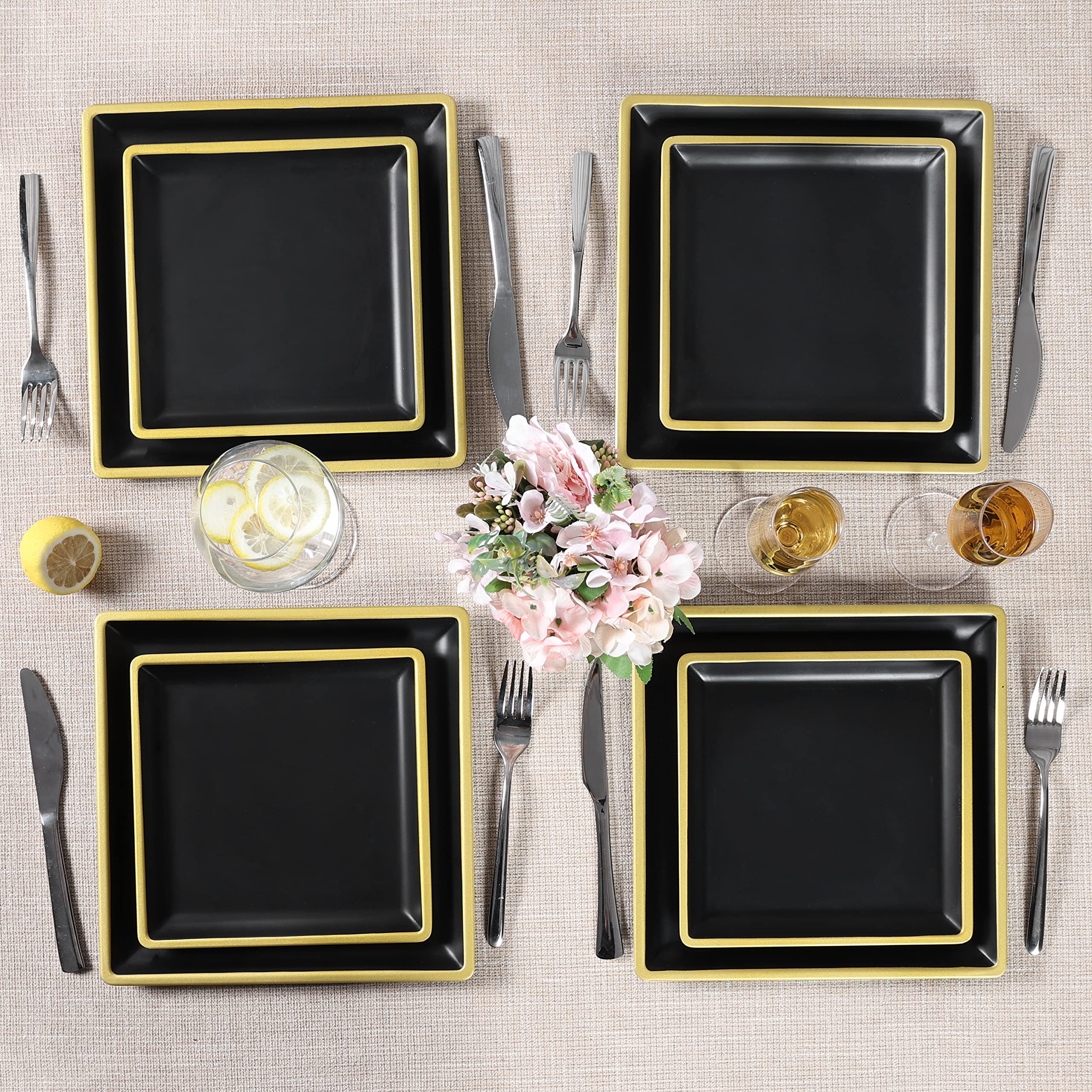 Service De Table Carré, Service De Vaisselle De Cuisine En Porcelaine Blanche Avec Bols De Céréales Et Assiettes à Dessert Allant Au Micro-ondes Et Au