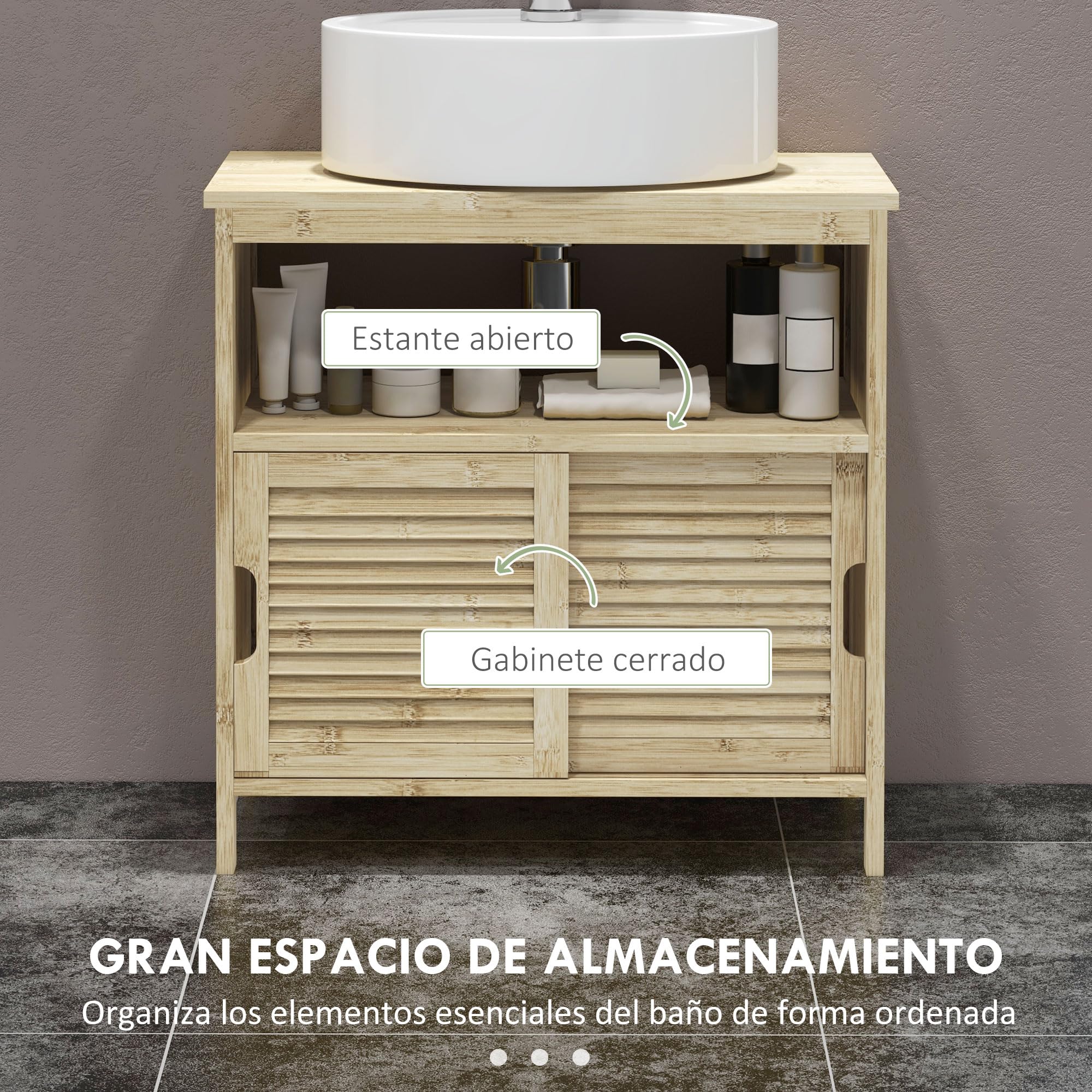 HOMCOM Mueble Bajo Lavabo de Bambú, Armario Debajo de Lavabo con Puertas Correderas de Lamas, Compartimento Abierto, Estilo Moderno, 60x30x60 cm, Natural