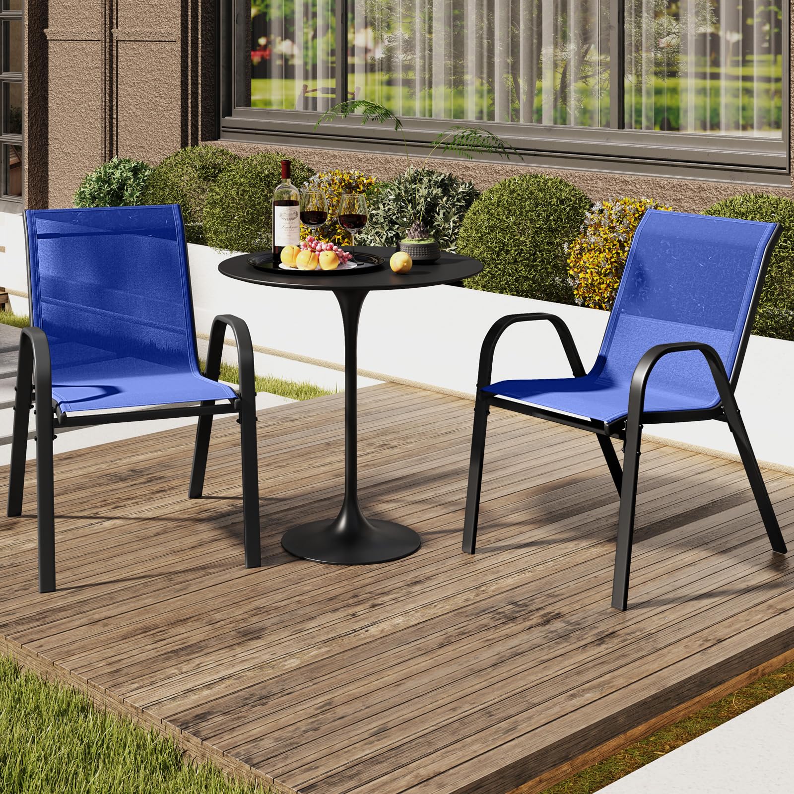 GYMAX Set di 2/4 Sedie da Giardino Impilabili con Tessuto Resistente alle Intemperie, Poltroncine da Esterno in Metallo per Giardino, Cortile, Portata 150 kg, 56 x 70 x 84 cm (Blu, 4 Pezzi)