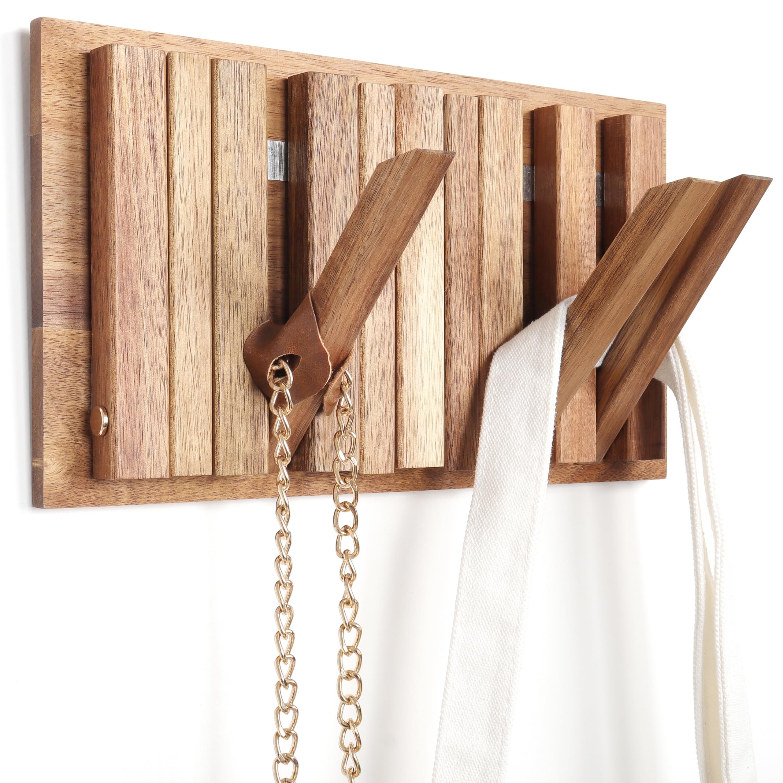 Perchero de pared para casa de campo: madera rústica con 6 ganchos, montaje retráctil de 26,4 cm, montado en la pared para espacios pequeños, entrada, pasillo, baño, para colgar chaqueta,