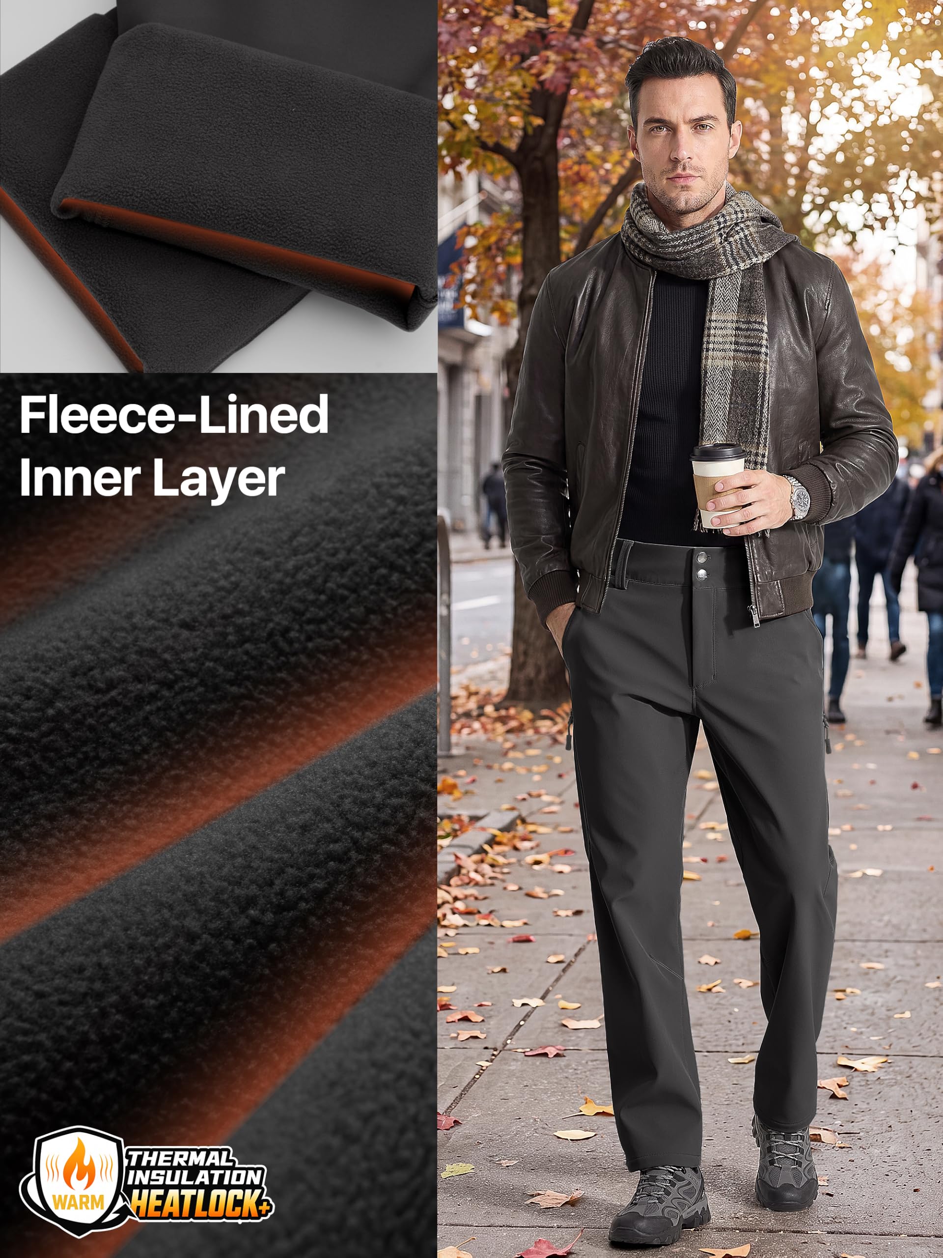 FREE SOLDIER Pantalones de invierno con forro polar para hombre, cálidos, resistentes al viento, con cintura ampliable, softshell y esquí