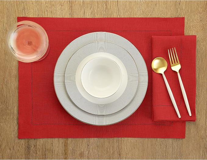 Solino Home Linen Cloth Placemats Set of 6-100% Pure Linen Hemstitch Navy Placemats 14 x 19 Inch - Classic Hemstitch Table Place Mats for Summer