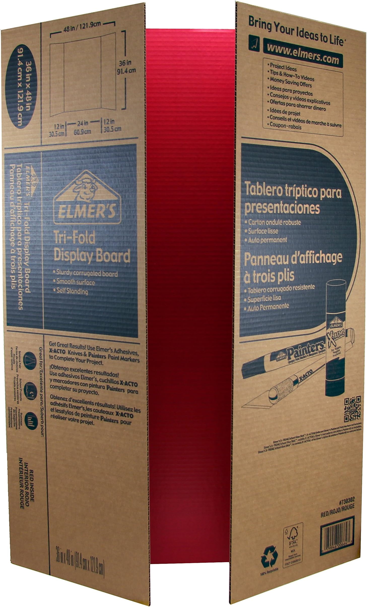 Elmer's Tri-Fold Corrugated Display Board, 36 x 48 Inches, Red