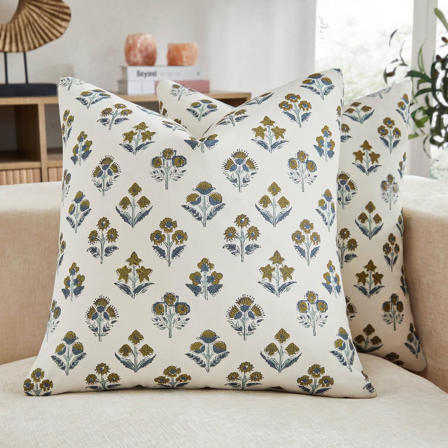 100% Cotton Floral Pillow Covers Set of 2, Double Sided Block Print Boho Decorative Throw Pillow Cases, Farmhouse Style Cushion Covers for Home Decor, 22x22 Inches Brown