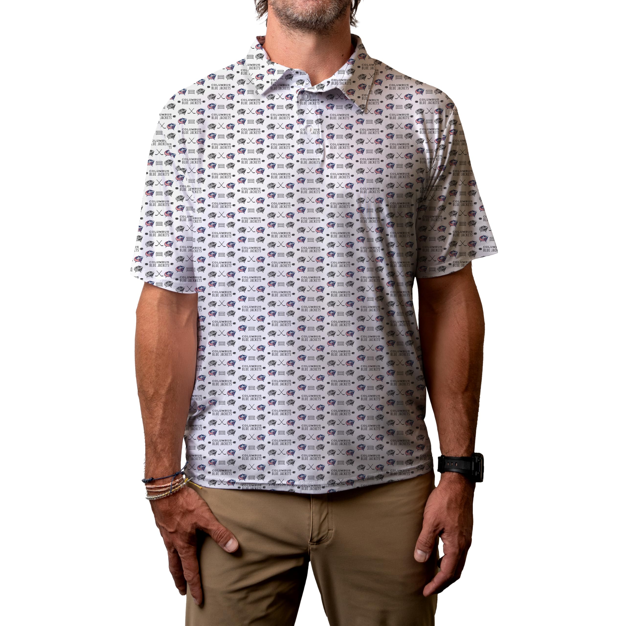 Blue 84 Men's NHL Officially Licensed Short Sleeve Performance Polo All Over Print White