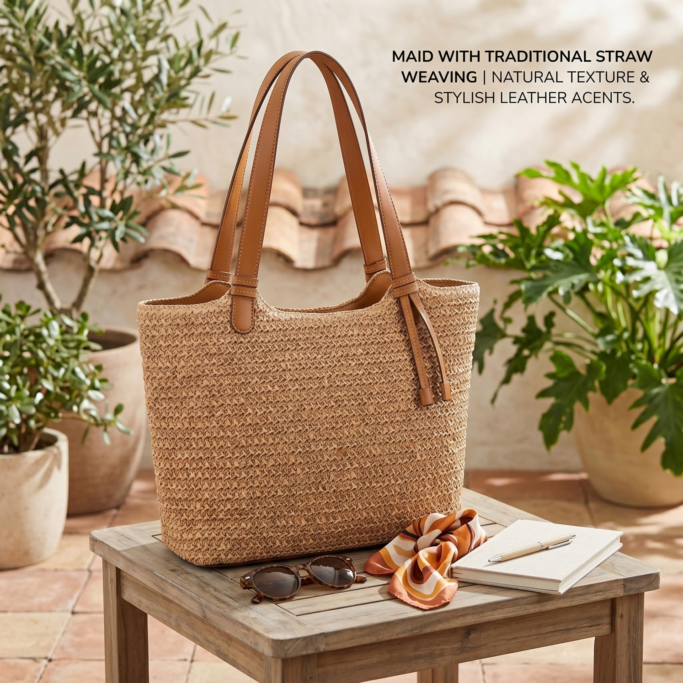 Borsa a tracolla estiva in paglia intrecciata nera, borsa spaziosa con cinturino in pelle