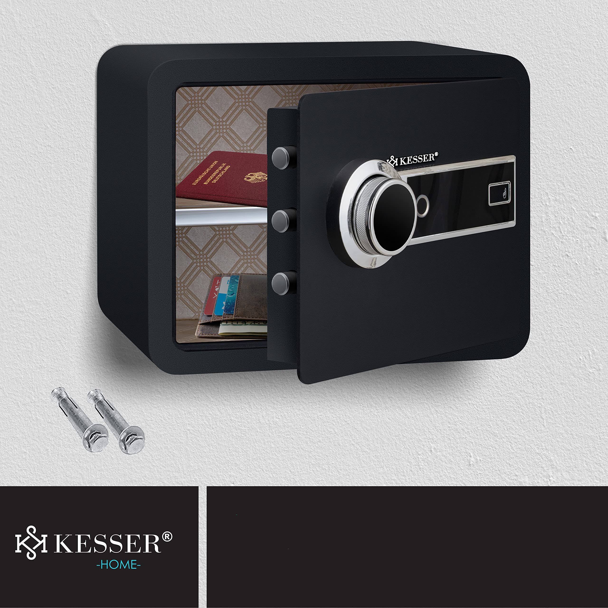 KESSER® Coffre-fort électrique avec lecteur d'empreinte digitale | Boîtier de piles inclus | Coffre-fort électronique | Triple verrouillage à double boulon | Coffre-fort mural ou à poser au sol, M