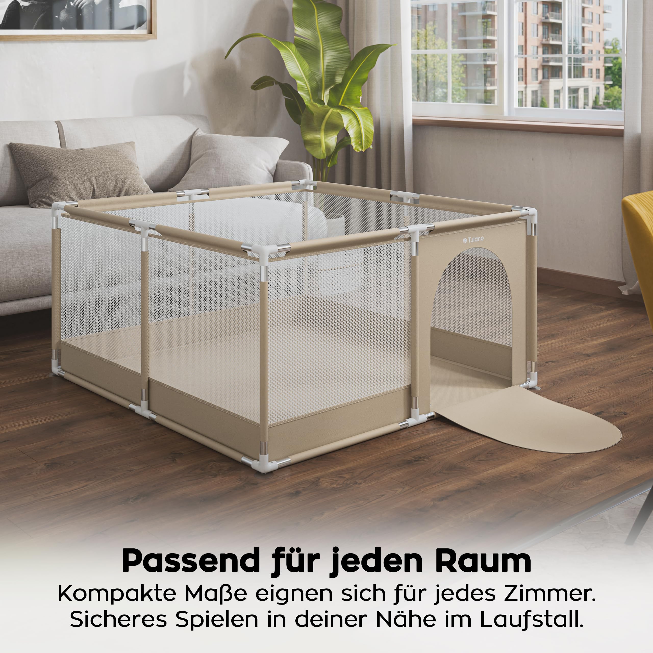 Tulano Cozy 20 Laufstall Baby 130x130 cm mit Boden – Spielgitter für Babys 6 bis 36 Monate – Tragbar Innen Außen – Faltbar – Netzwände – Metallrahmen – Kinderschutz – Reisegitter – Laufgitter – Beige