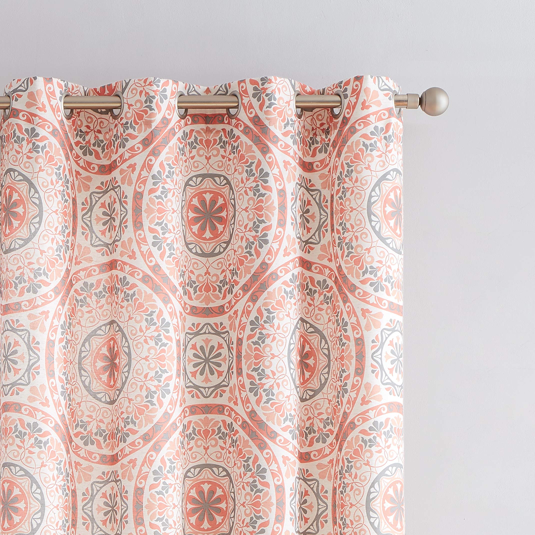 Romantex Medallion Faux Linen Semi Sheer Window Curtain Panel Drapes 95" Long for Living Room Gray Coral Red Floral Print Bedroom Window Treatment Sets Farmhouse Grommet Top,52" Wx95 L,2 Pcs