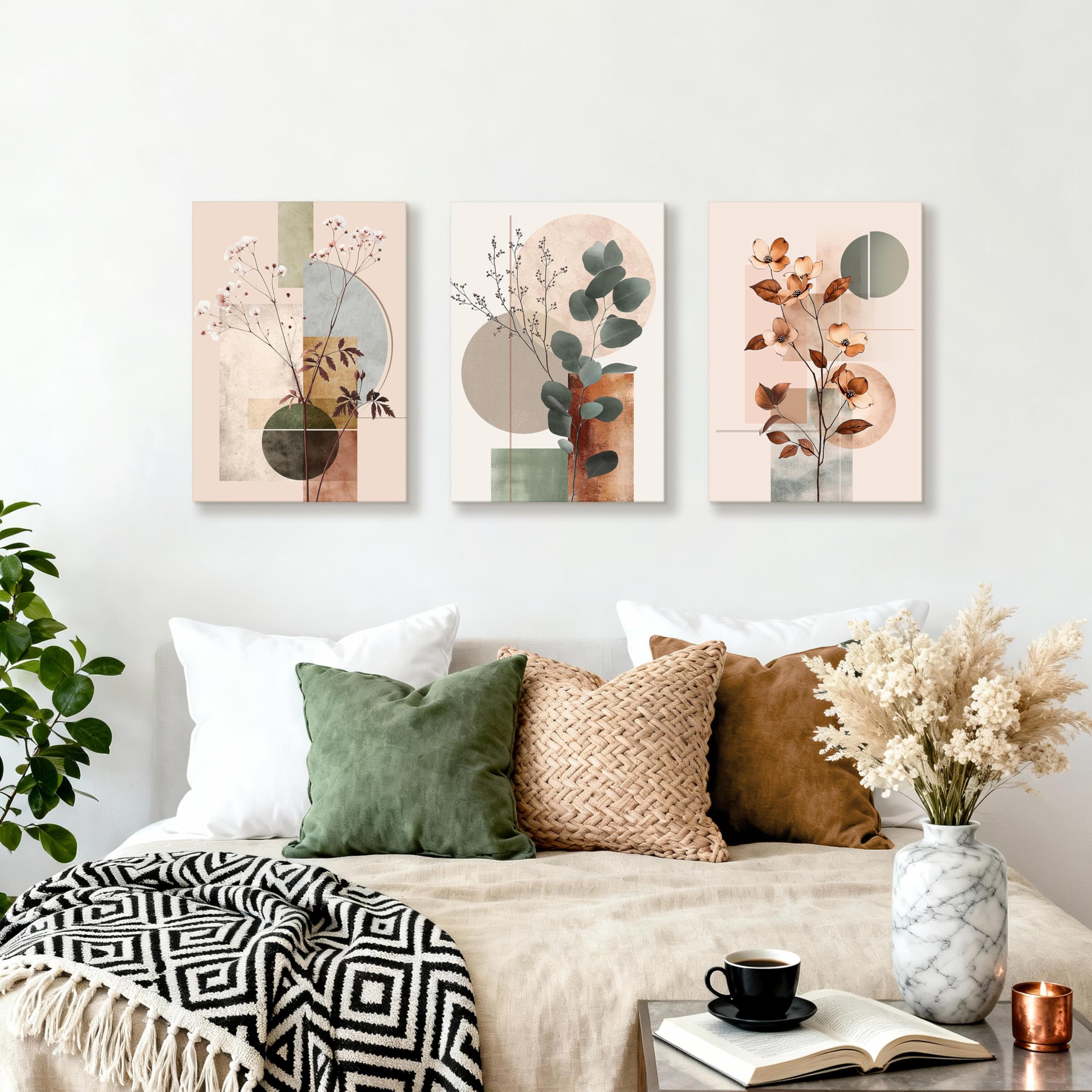 3Pcs Beige Geométrico Abstracto Marcos Con Modernos Cuadros Decoracion Botánico Algodón Eucalipto Hoja Cuadro y Láminas Plantas Floral Lienzos Decorativos Hogar Para Comedor Salon Dormitorios 40X60cm