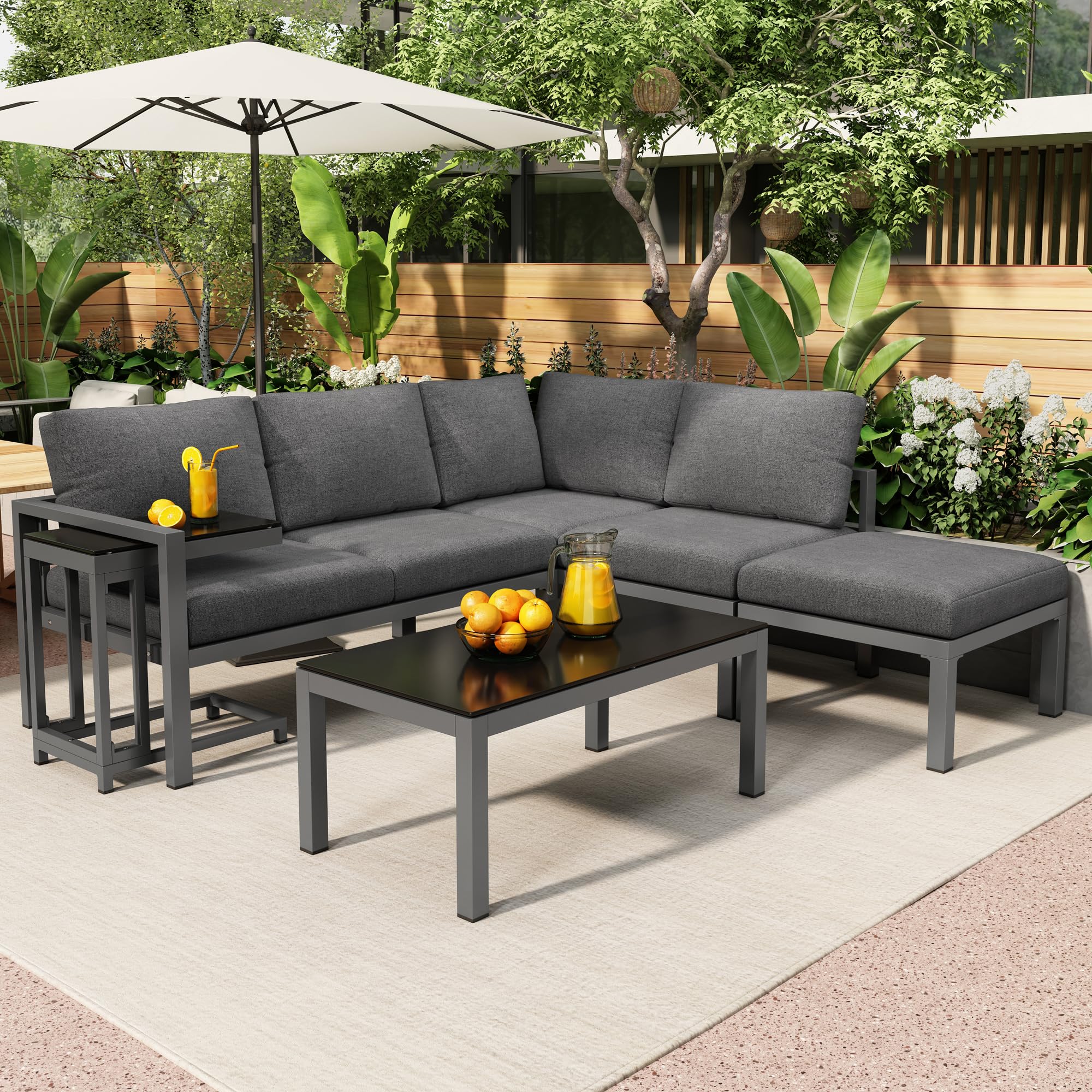 Set di 5 mobili da giardino da balcone per 4 – 5, per esterni, con 2 divani doppii, 1 sgabello e 2 tavoli, salone ad angolo, resistente alle intemperie, divano lounge in ferro zincato, grigio