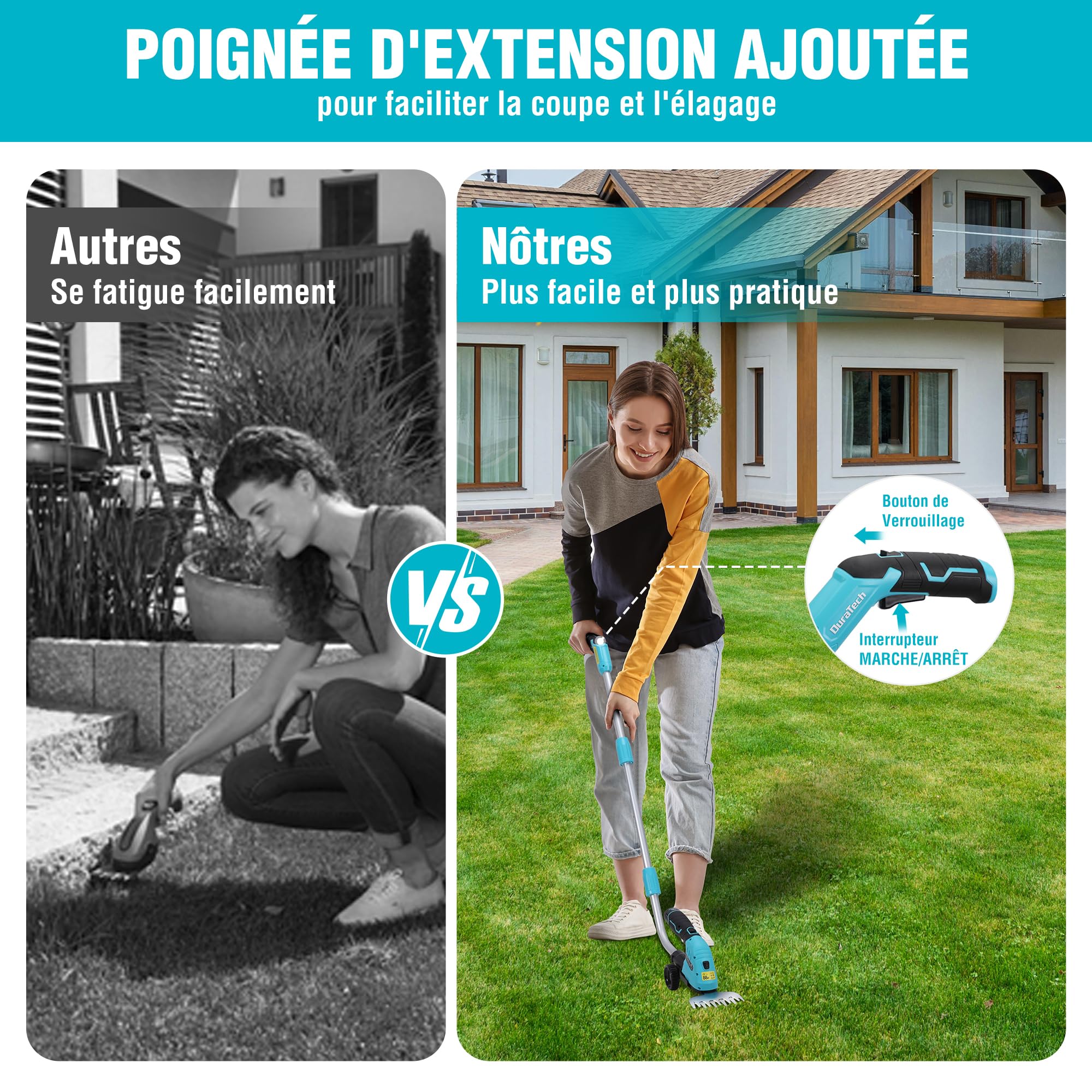 DURATECH Cisaille Sculpte-Haie Électrique et Taille-Herbes Téléscopique sans Fil 12V, Cisaille à Gazon 2 en 1, Largeur/Longueur de Coupe 12/16 cm, Batterie 2000mAh, pour Coupe, Élagage, Bleu & Noir
