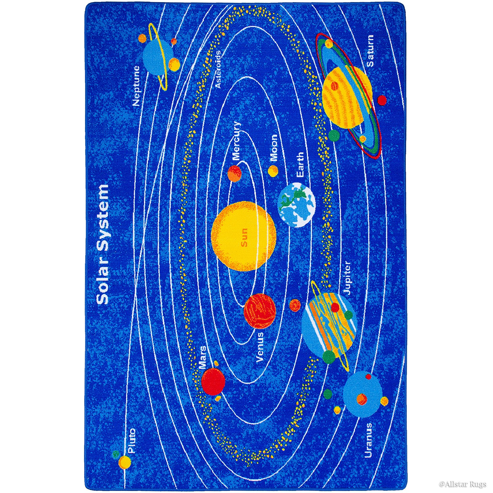 Allstar 7x10 Blue Kids' Educational Rectangular Accent Rug with Multicolored Solar System Design (7' 2