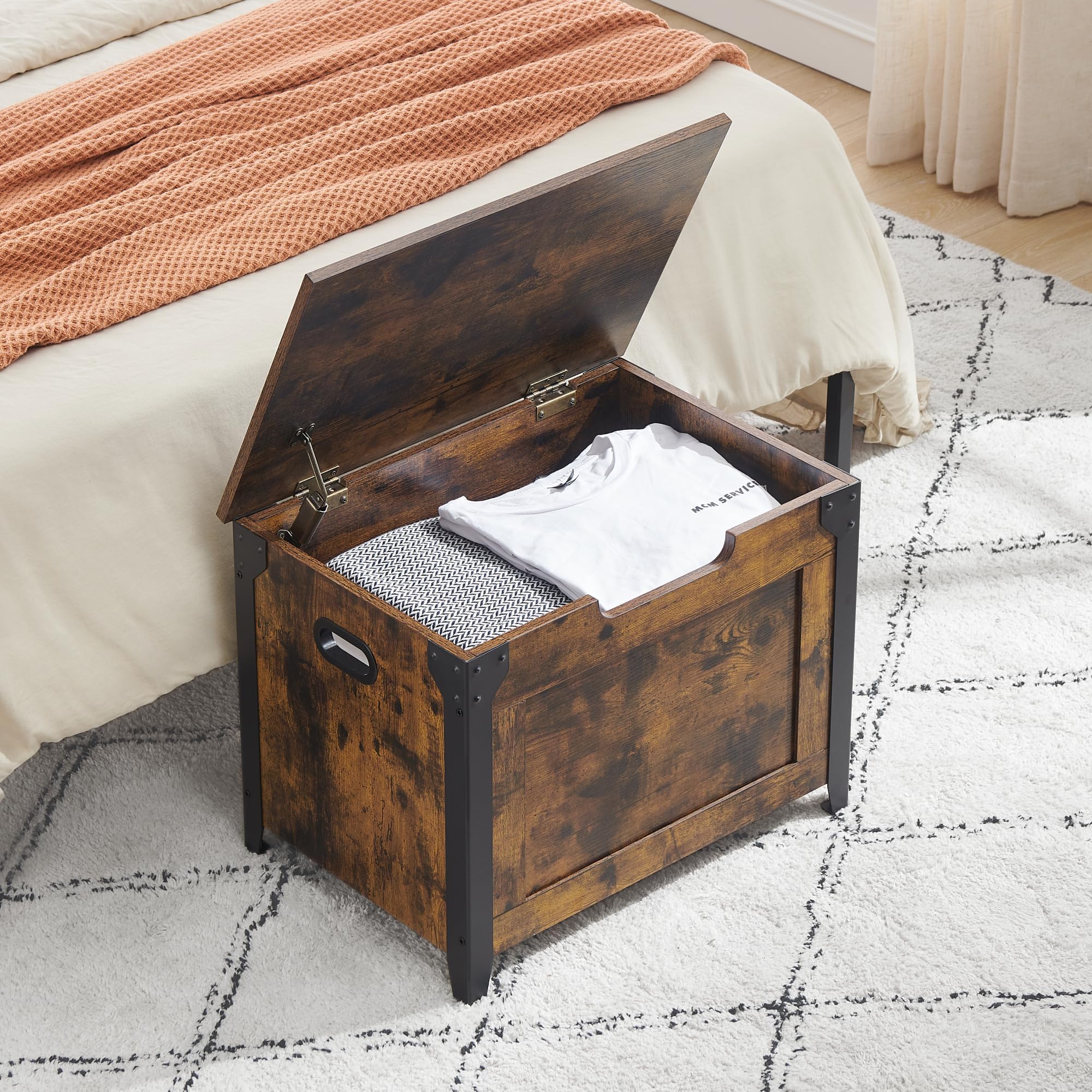 Banc avec espace de rangement, coffre avec couvercle, 60 cm de long, 2 charnières de sécurité, charge maximale : 136 kg, coffre en bois, pour couloir, chambre à coucher, salon, marron
