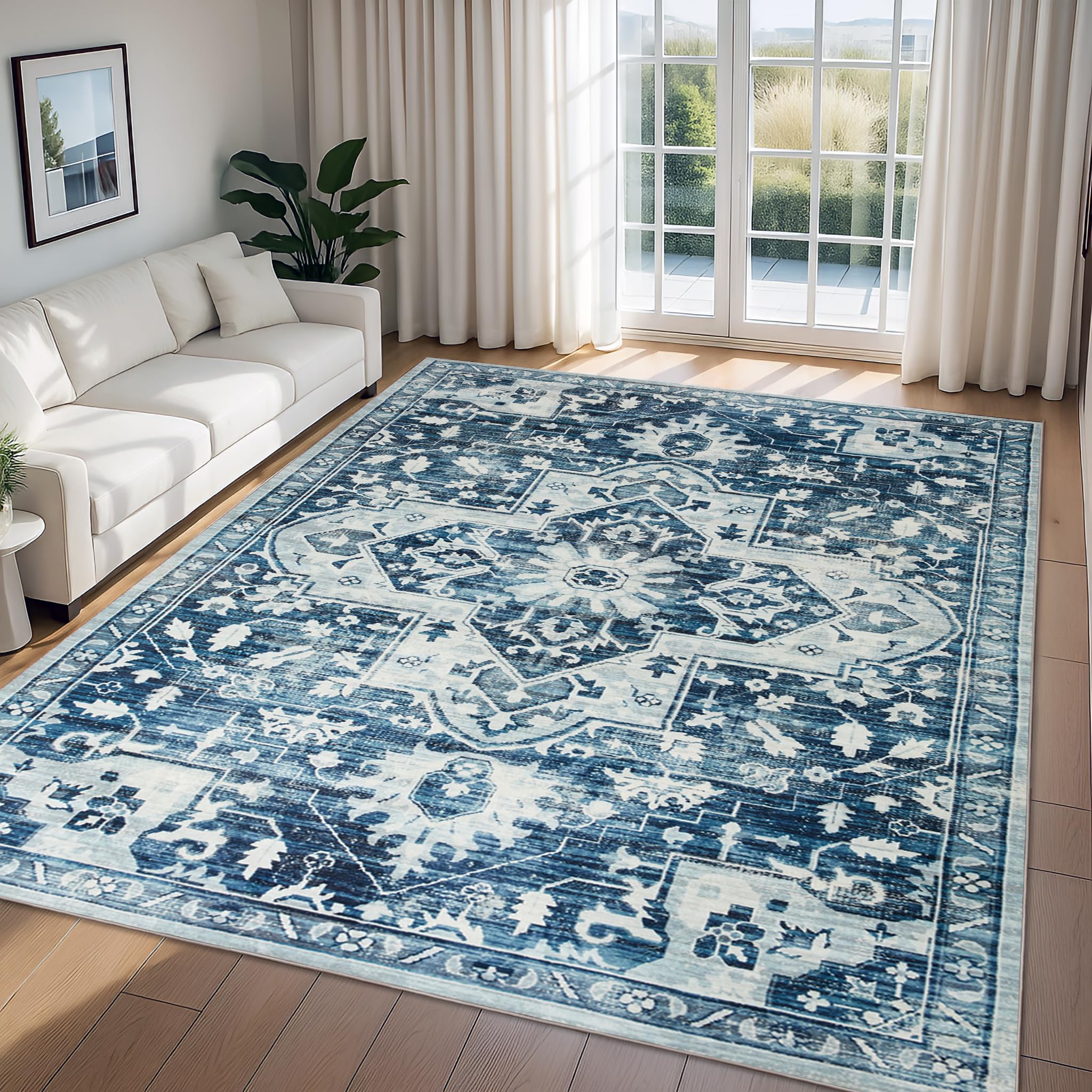 Imperial Rooms Blue Rugs Living Room Extra Large 240 x 340 Short Pile Area Rugs for Bedroom Machine Washable Non Slip Carpet for Kids Room Soft Vintage Design Boho Rug, Tranquil