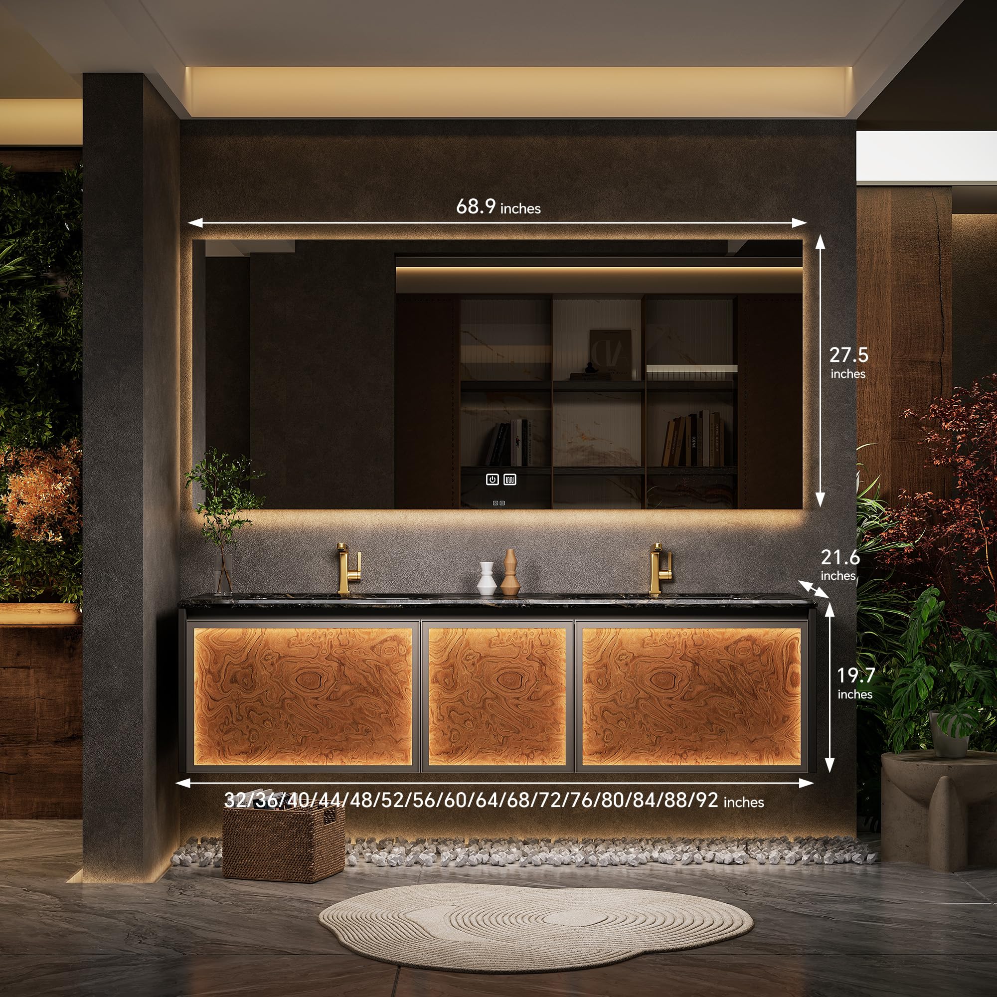 Moderno doppio lavabo da bagno con specchio LED anti-appannamento a parete design galleggiante in legno massello costruzione Sto Solut per bagni contemporanei