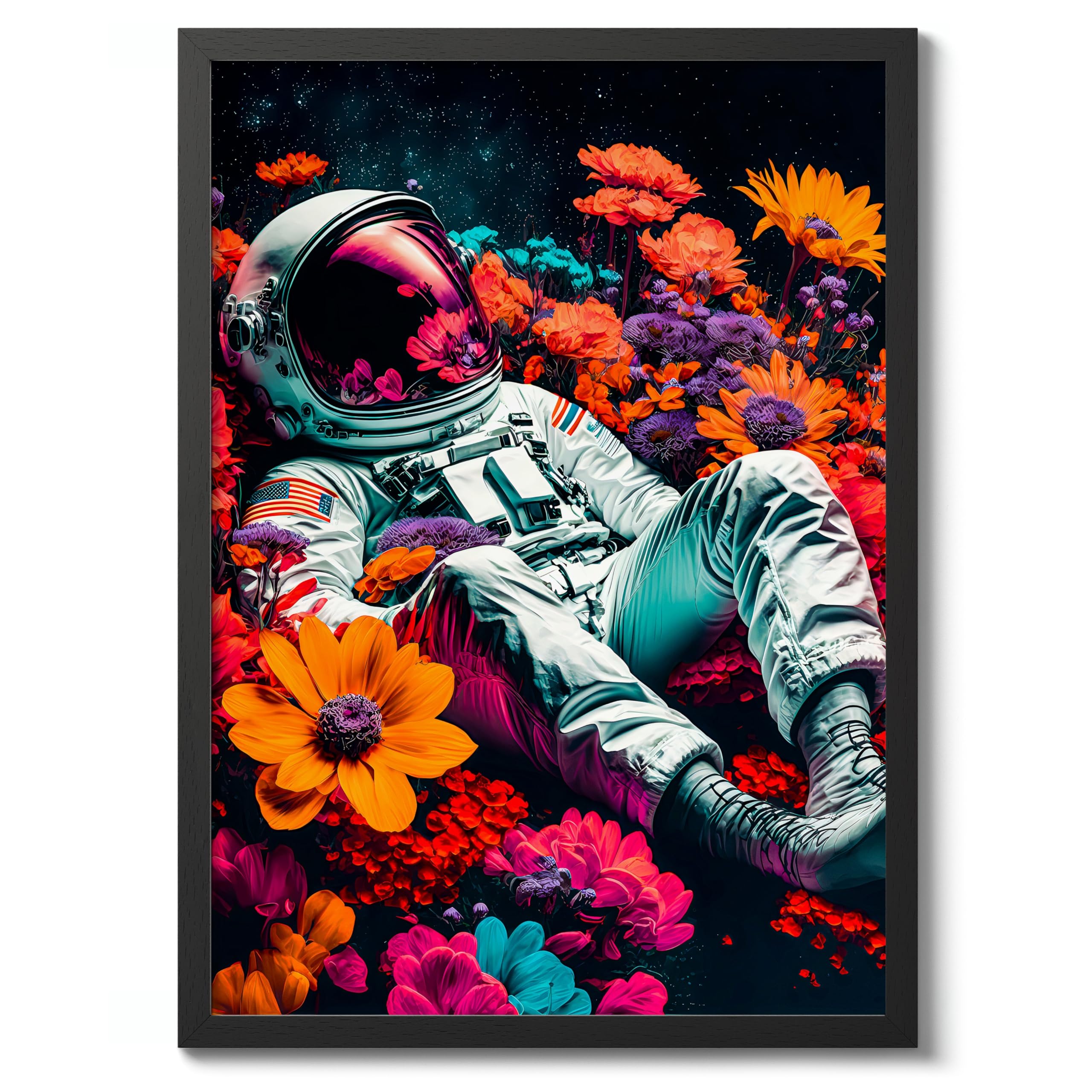 Astronaut Flowers Space Poster, Colourful Abstract Astronomy Wall Art Home Decor, Astronaut Planets Print, Archival Matte, A4 (Black Frame) - 29.7x21cm โ image 1